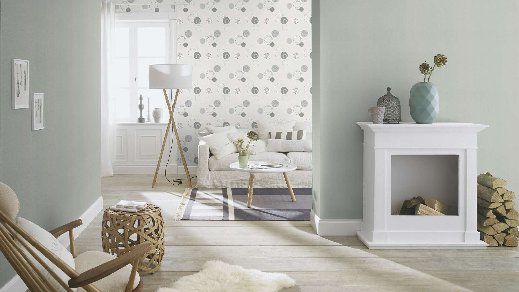 10-475906 Raumsituationen 2 Room with Graphic dot design in grey, anthracite and silver on a white background