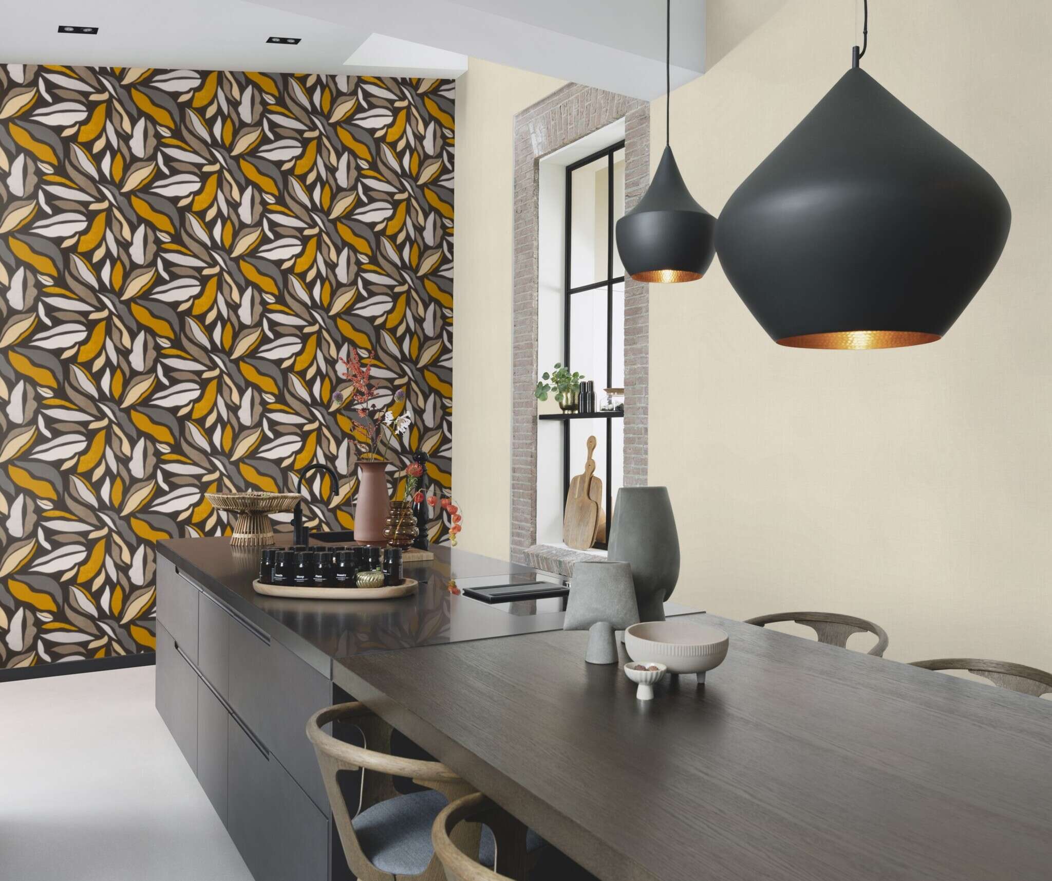 10-869316 Raumsituationen 3 Room with Abstract leaves in curved shapes in grey, yellow, ochre and beige