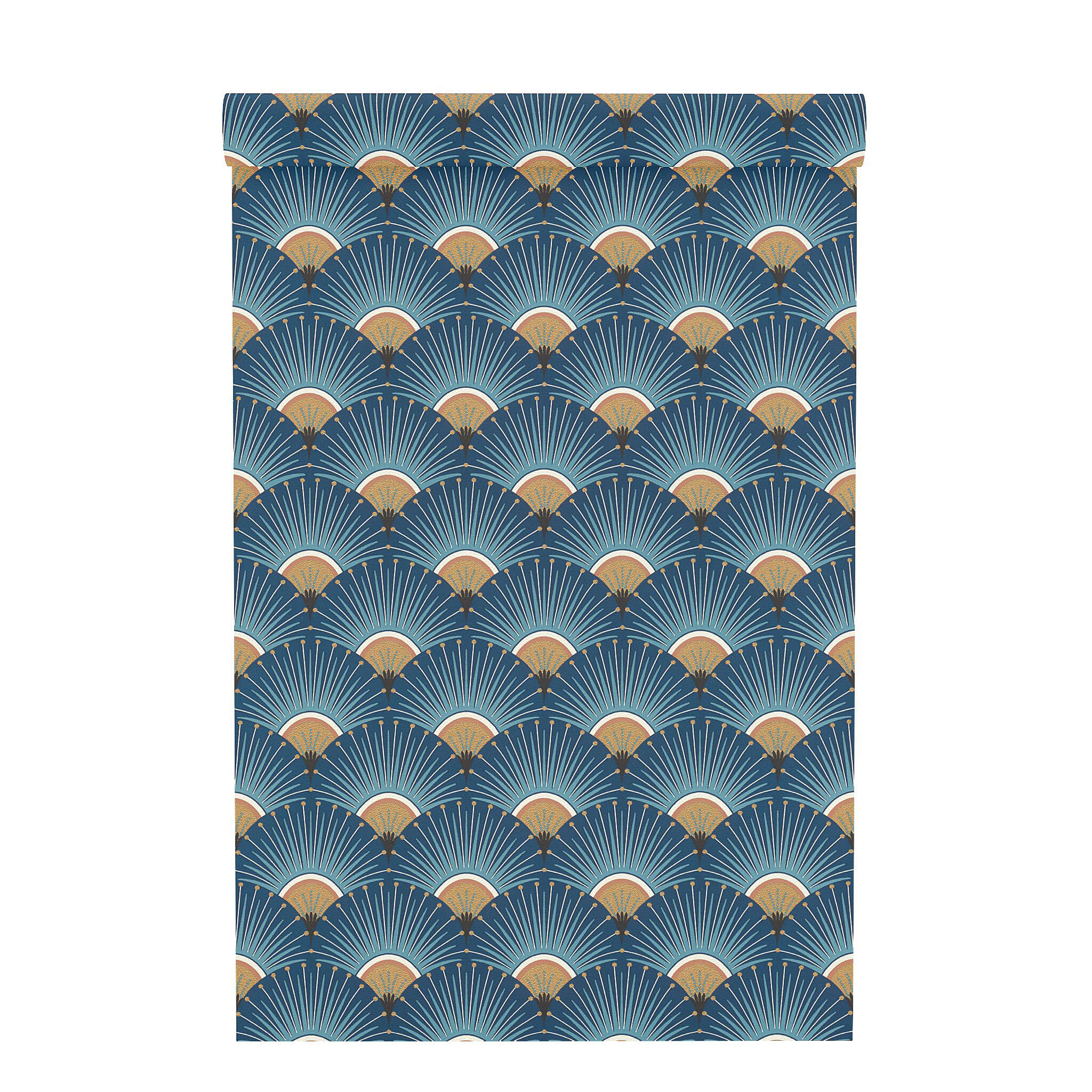 10-637632 Rolle abgerollt 1 Unrolled wallpaper roll with Wallpaper with stylised peacock fan in Art Deco style
