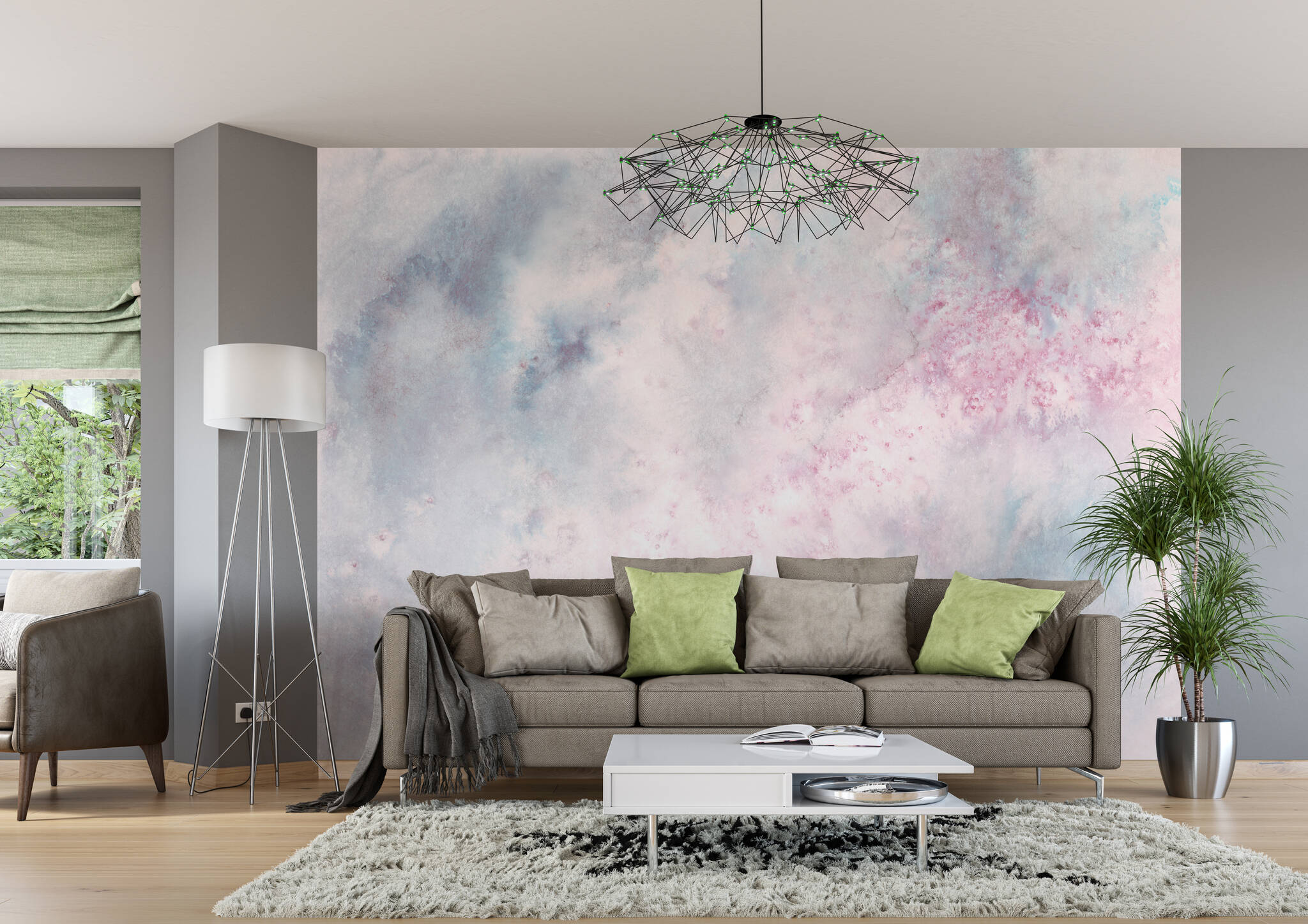 Wohnzimmer mit Wandbild - Wolkiges Aquarell in weiß, blau und rosé mit spannenden Farbverläufen 