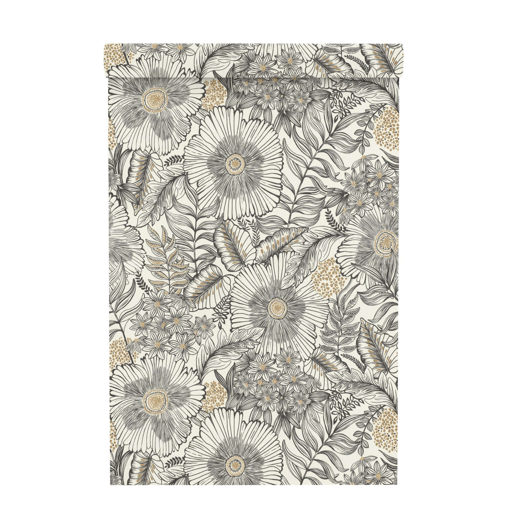 10-686555 Rolle abgerollt 1 Rouleau de déroulé avec Papier peint avec des feuilles et des fleurs et une texture légère