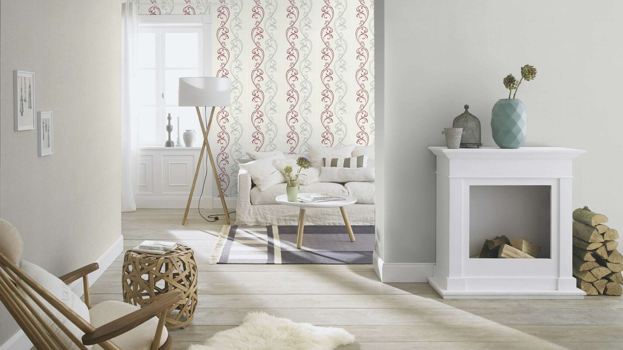 10-732344 Raumsituationen 7 Room with Plain wallpaper: linen look in light grey
