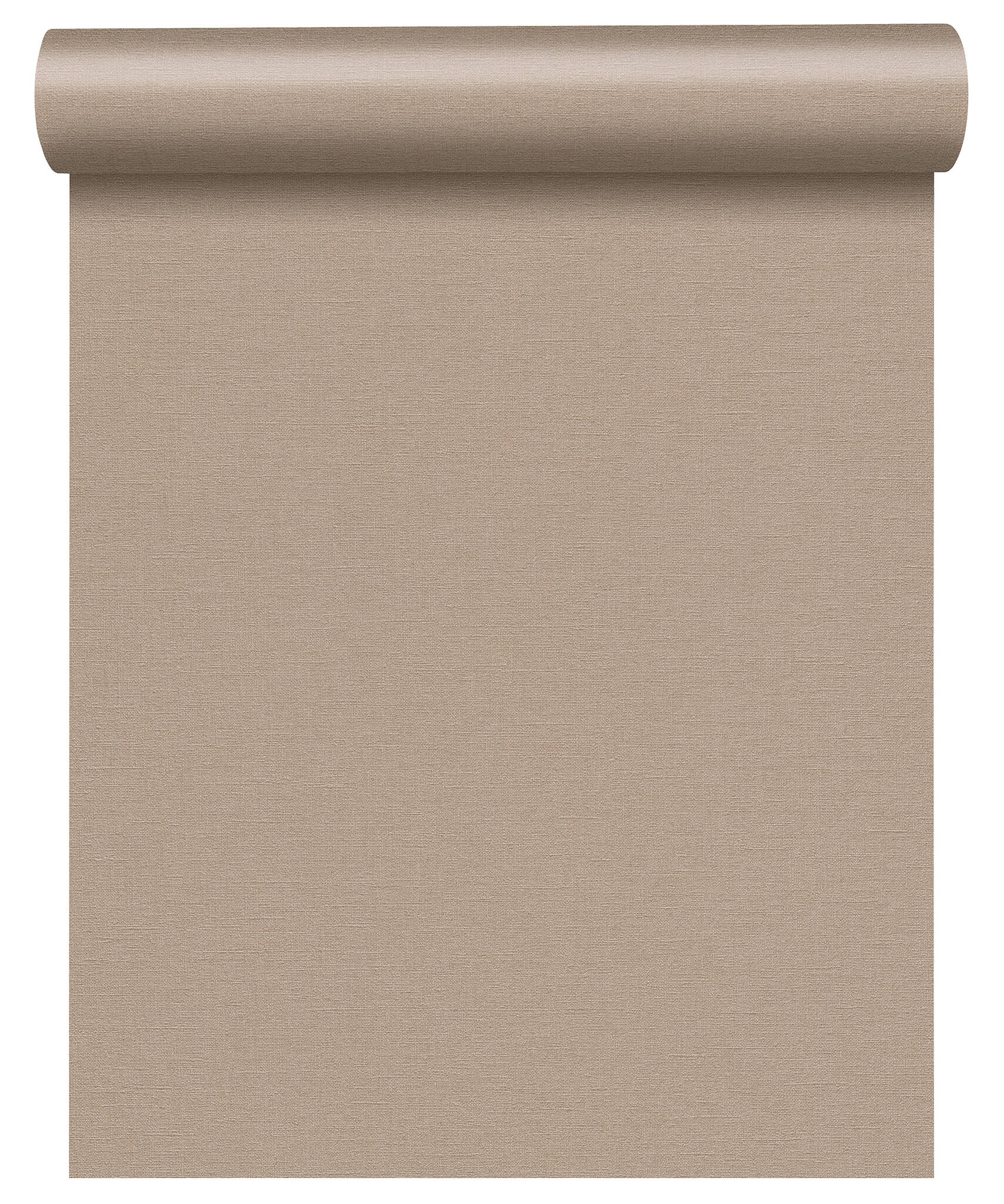 10-448566 Rolle abgerollt 1 Unrolled wallpaper roll with Subtle non-woven wallpaper in taupe with a fabric-like texture – ideal for modern and understated interior design.