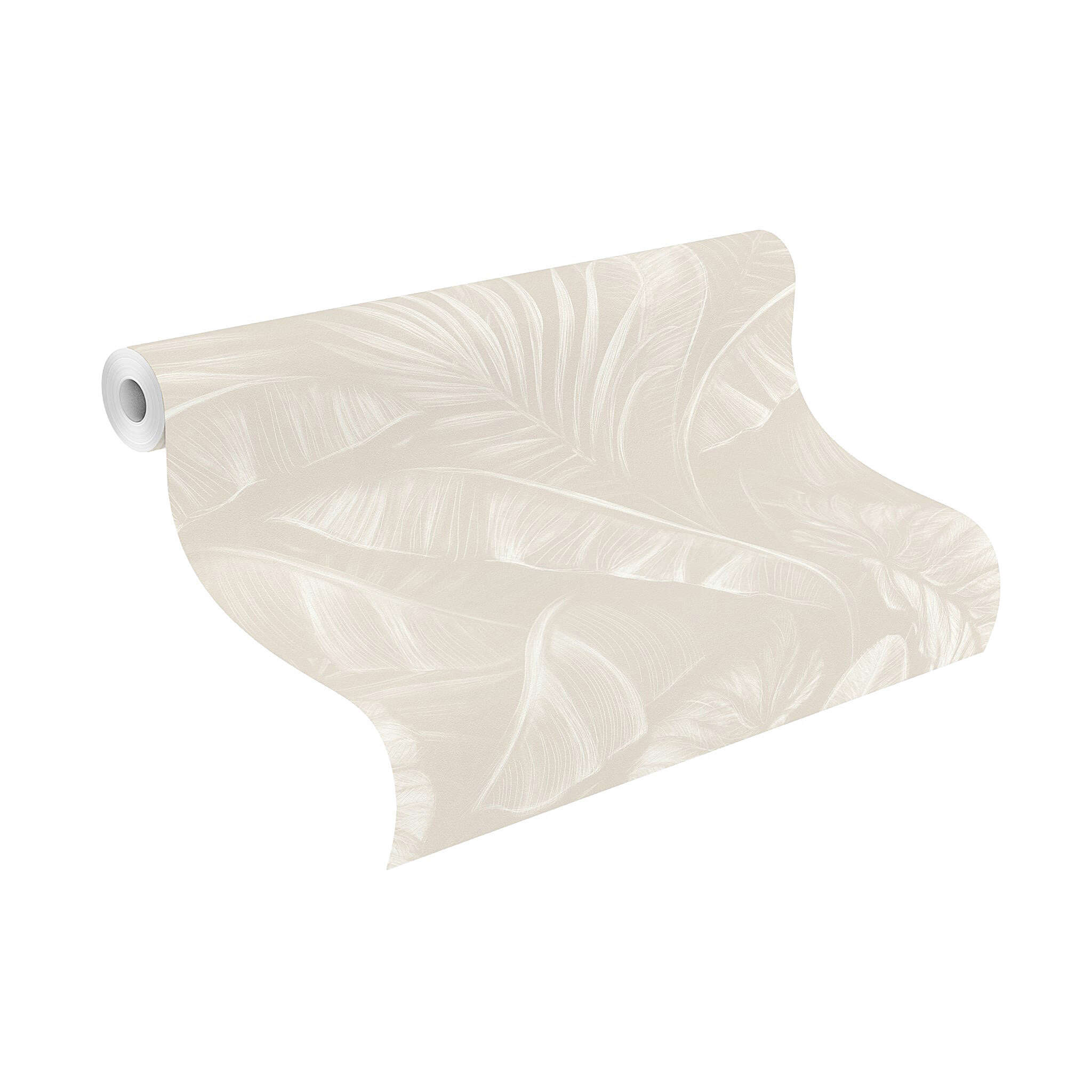 10-286595 Rolle abgerollt 1 Unrolled wallpaper roll with Subtle tropical wallpaper with stylised palm leaves in tone-on-tone beige for a calm and natural room effect