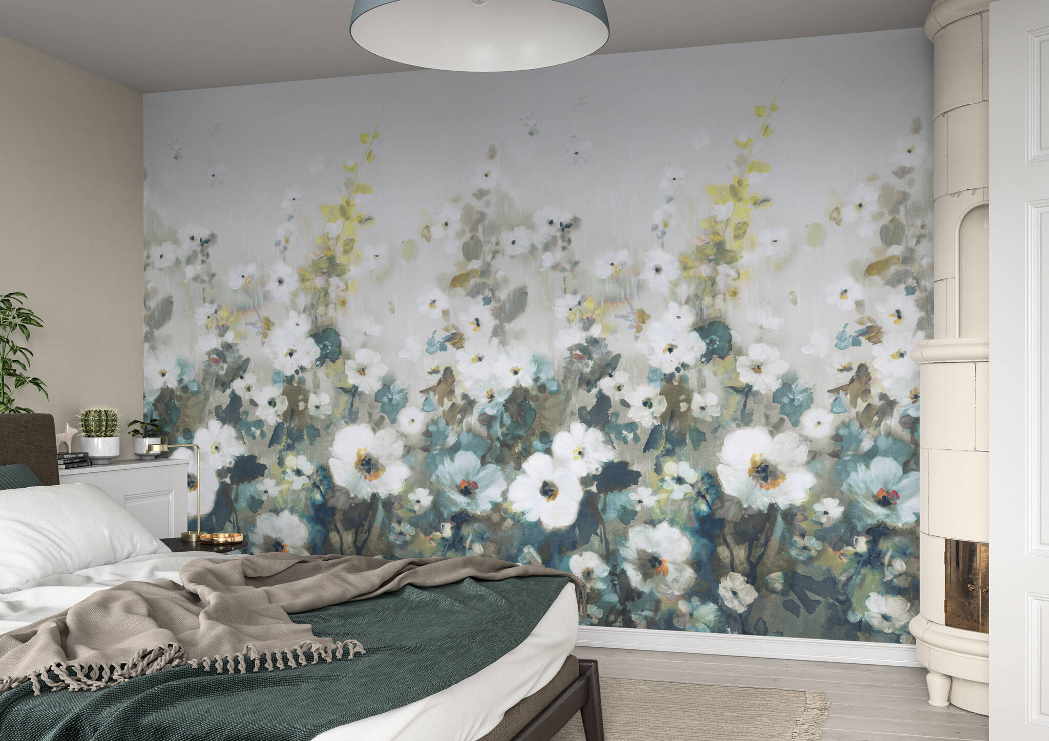 Schlafzimmer mit Wandbild - Sommerblumenwiese in zartem Grün und türkisen Highlights