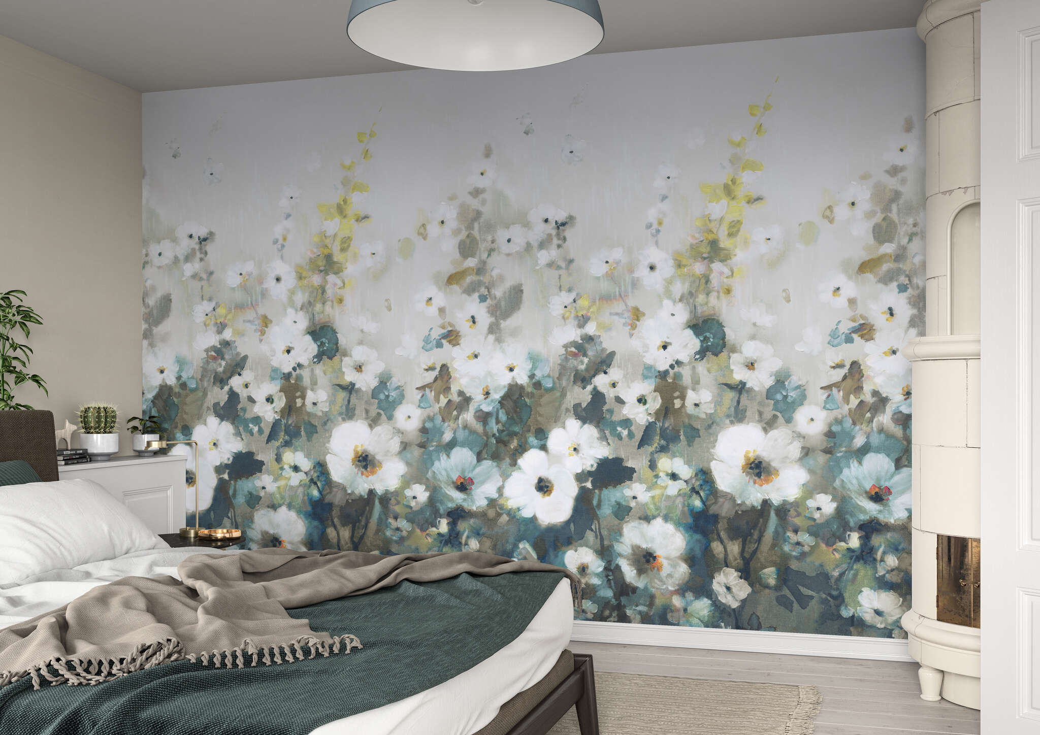 Schlafzimmer mit 360905 - Wandbild - Sommerblumenwiese in zartem Grün und türkisen Highlights magicwalls Papier peint Fleurs Turquoise 360905