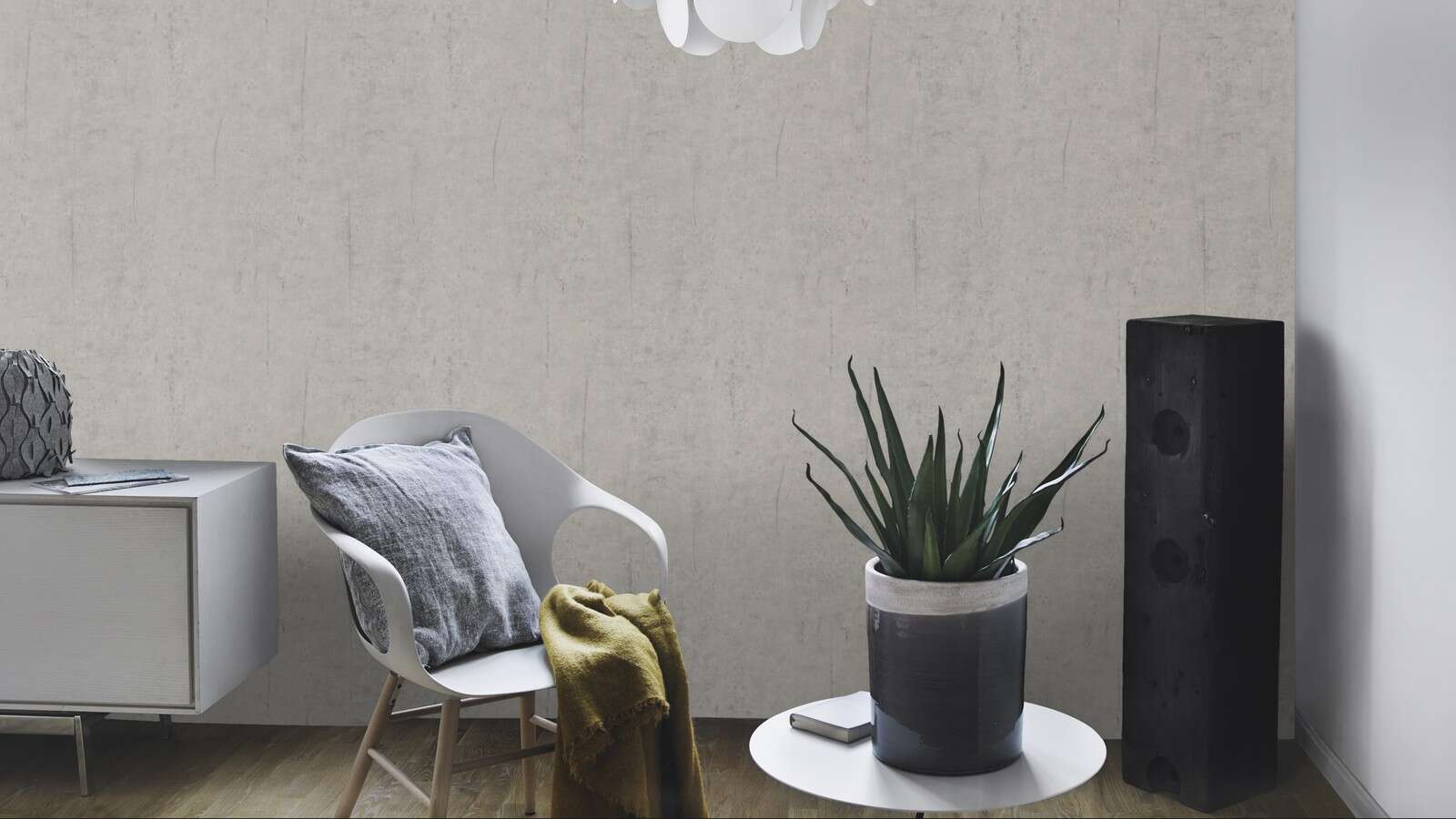 10-475302 Raumsituationen 3 Room with Modern wallpaper in a realistic concrete look with fine cracks and grains