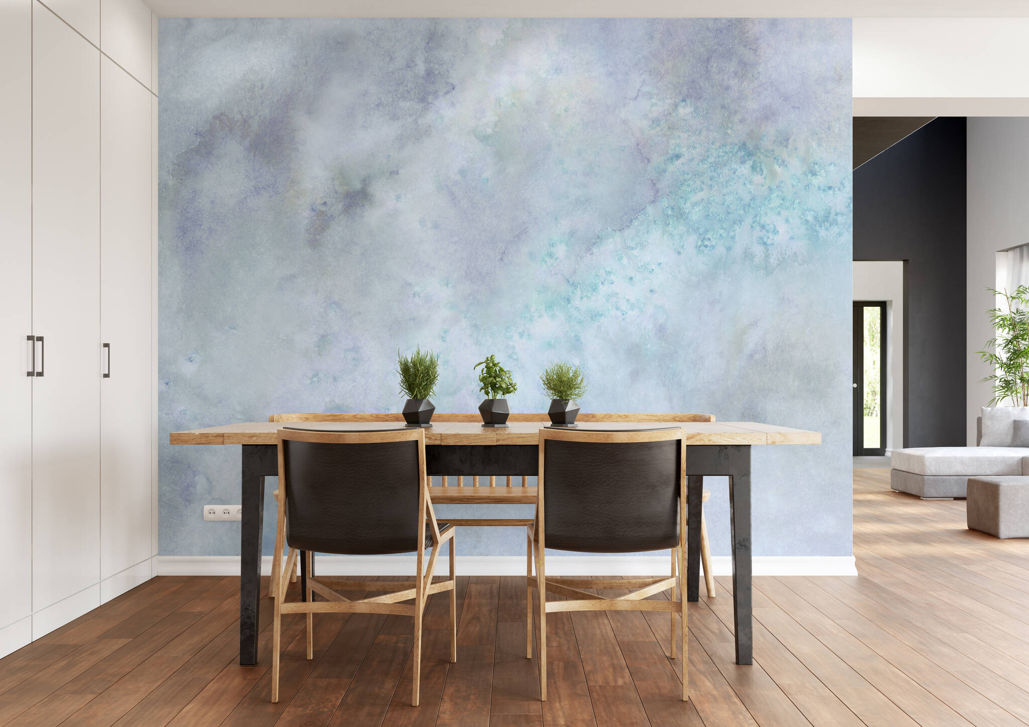 Esszimmer mit Wandbild - Wolkiges Aquarell in weiß, blau und grau mit spannenden Farbverläufen 