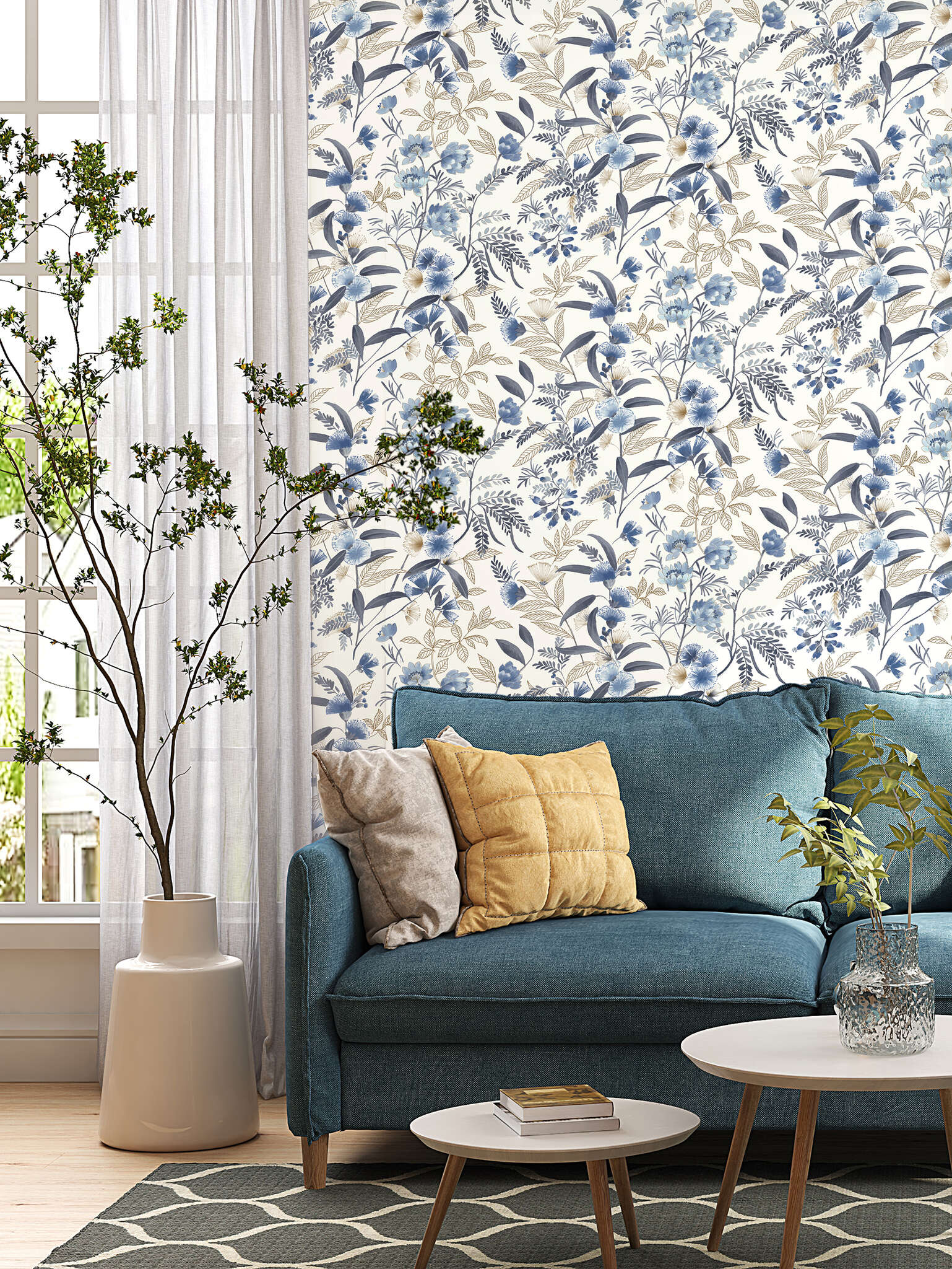 10-869125 Raumbilder 1 Room with Wallpaper with hand-drawn lines and flowers in a watercolour look