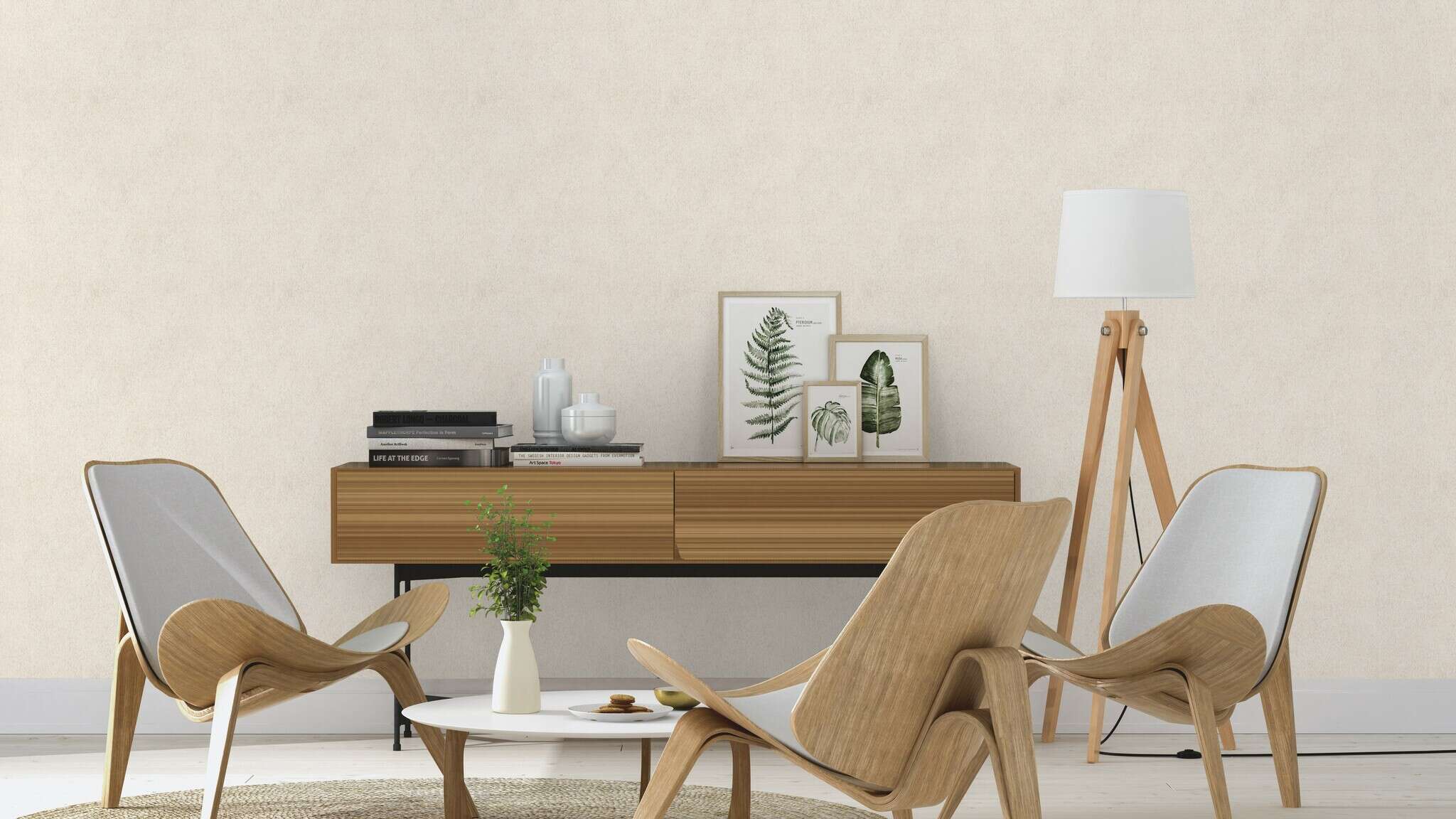 10-423204 Raumsituationen 1 Une chambre avec Papier peint intissé uni beige clair avec une surface légèrement texturée.