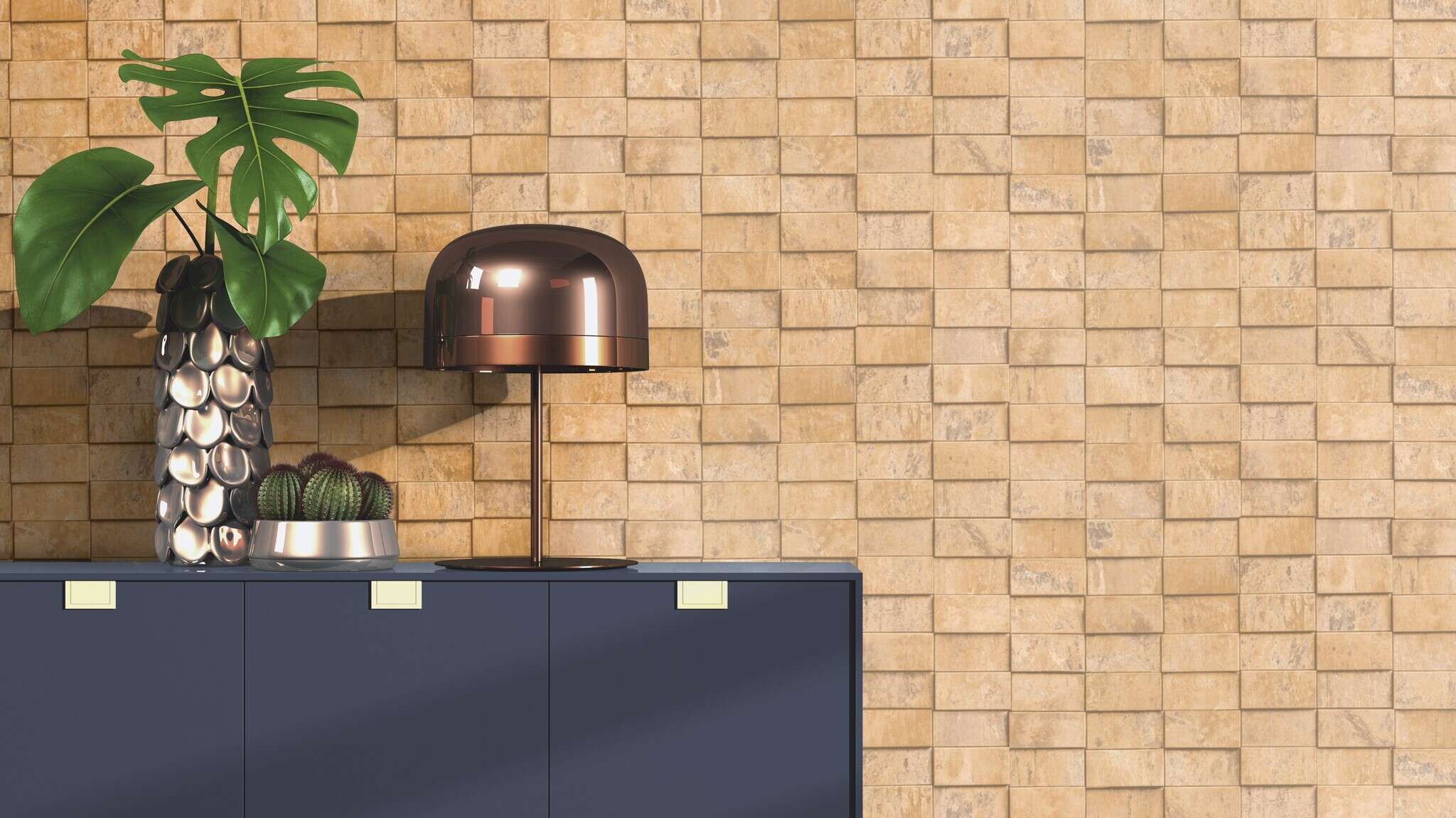 10-497144 Raumsituationen 1 Non-woven wallpaper Copper Tile in gold - Factory VI 497144