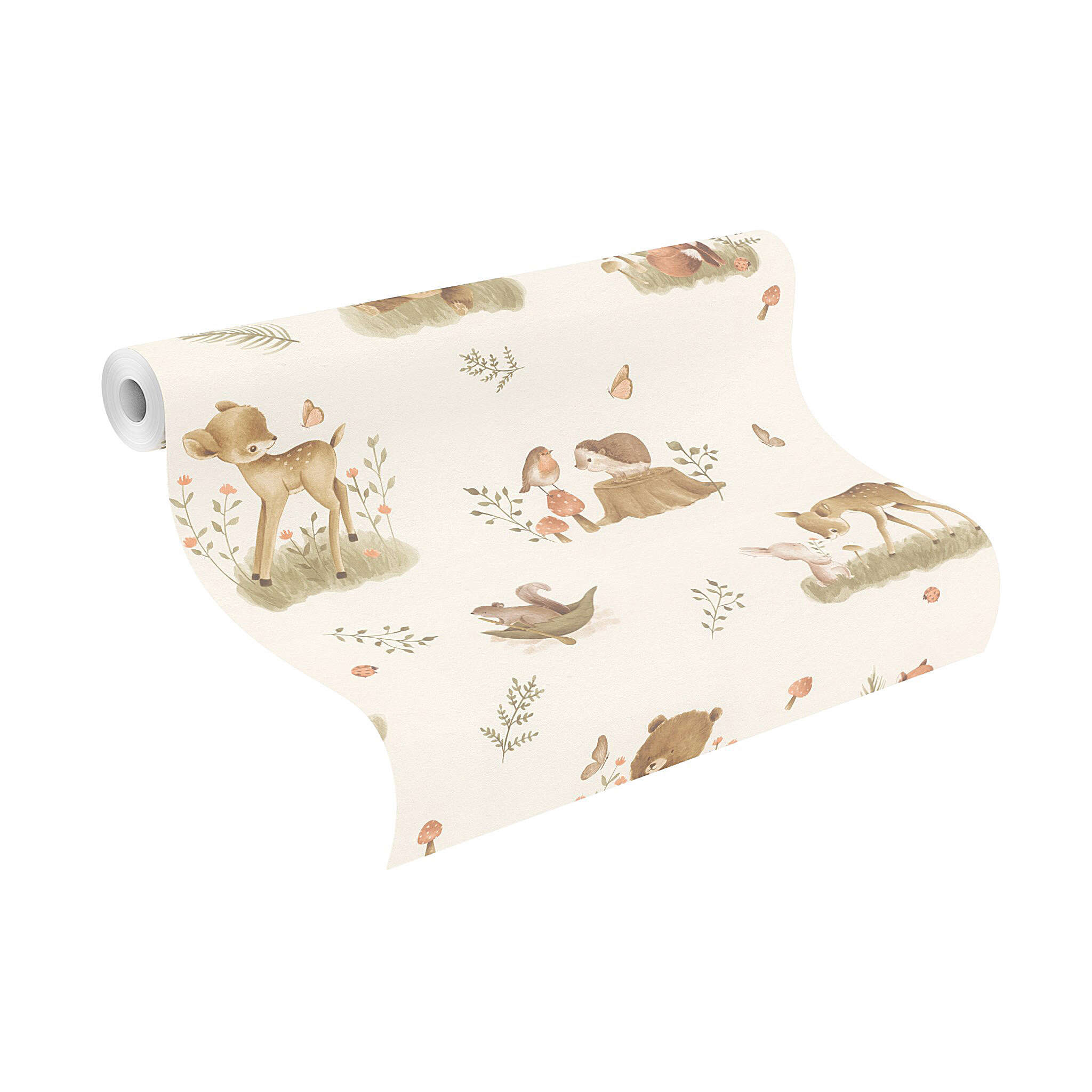 10-321104 Rolle abgerollt 1 Rollenabbildung mit Niedliche Vliestapete mit Reh, Fuchs, Bär und anderen Waldbewohnern in sanfter Aquarell-Optik