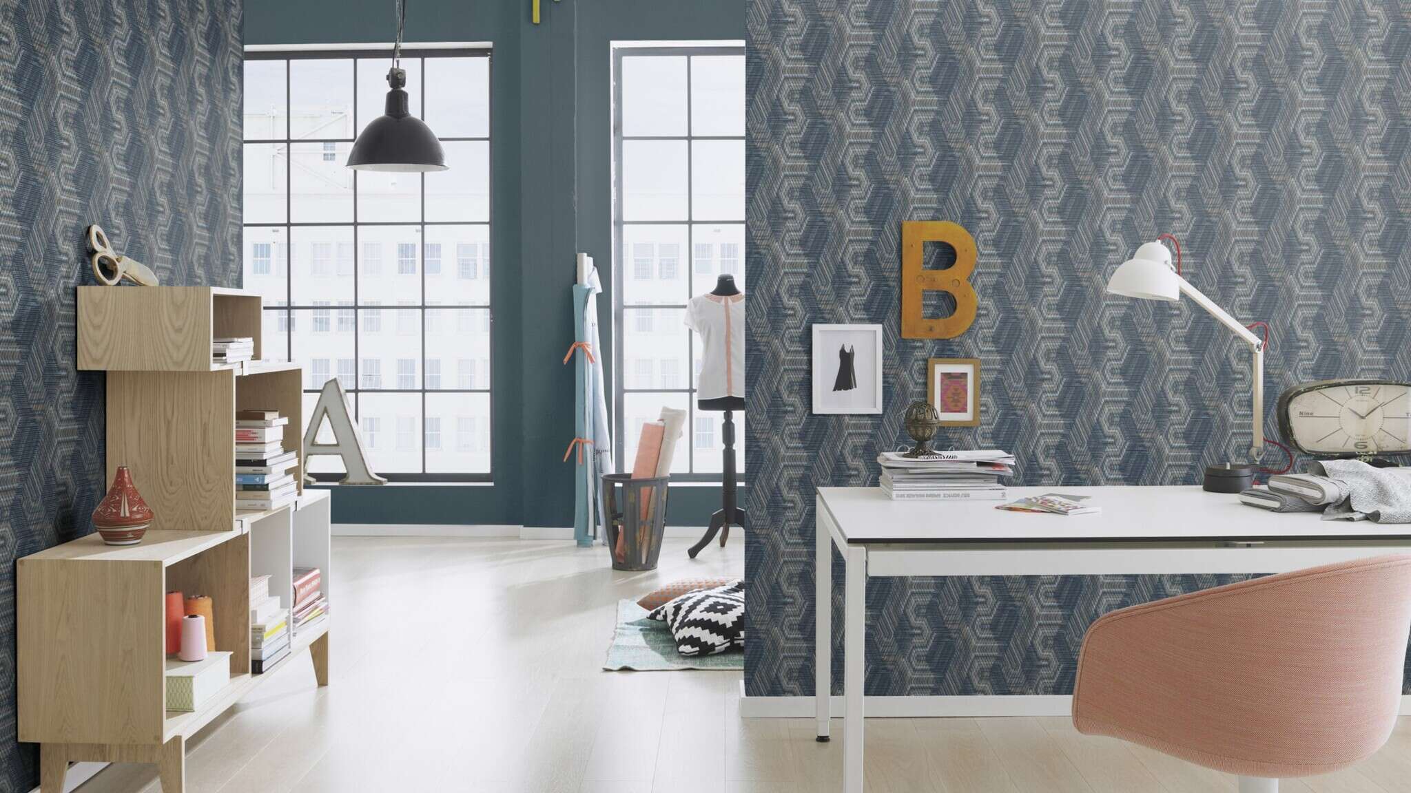 10-752670 Raumsituationen 2 Une chambre avec Papier peint uni aspect cuir
