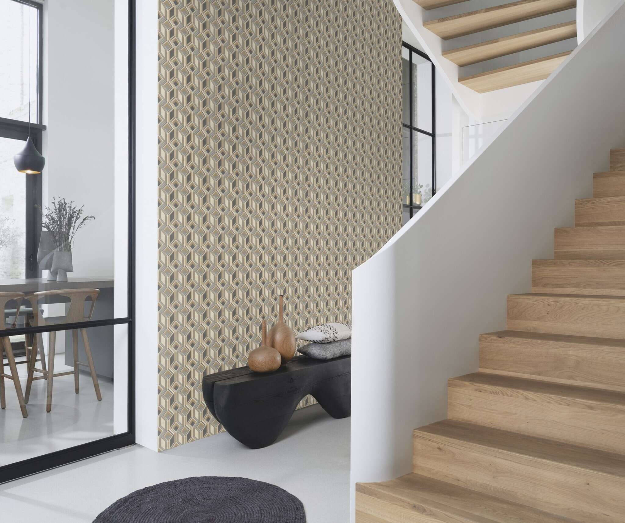 10-746532 Raumsituationen 3 Room with Graphic wallpaper with squares, diamonds and lines in an ethnic design