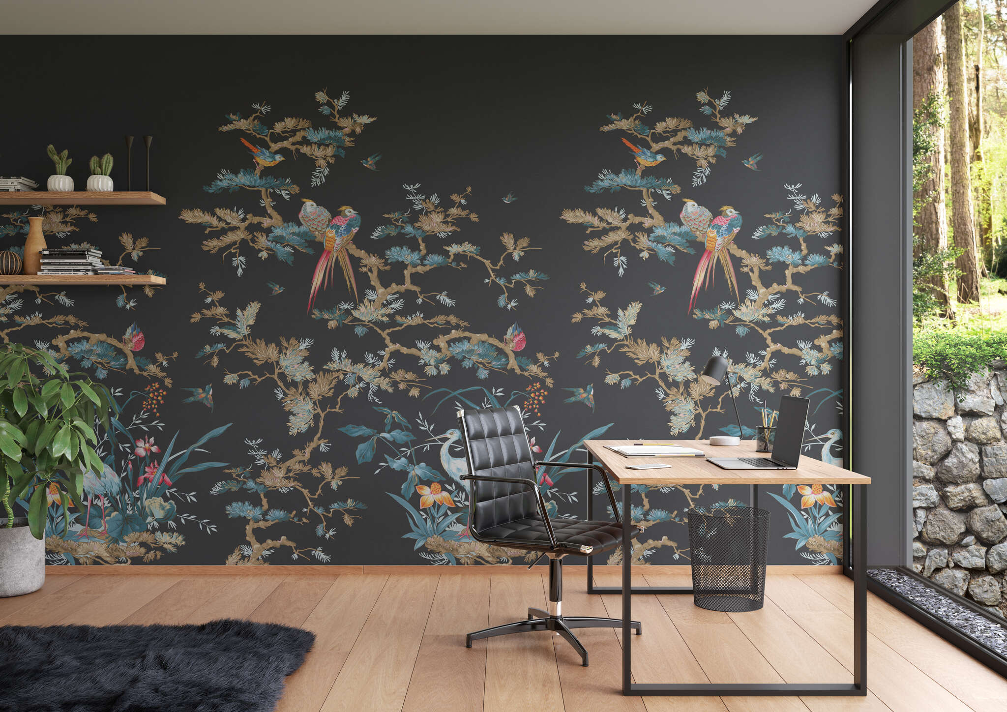 Arbeitszimmer mit 362879 - Wandbild - Exotische Vogelwelt auf schwarzem Grund magicwalls Papier peint 362879