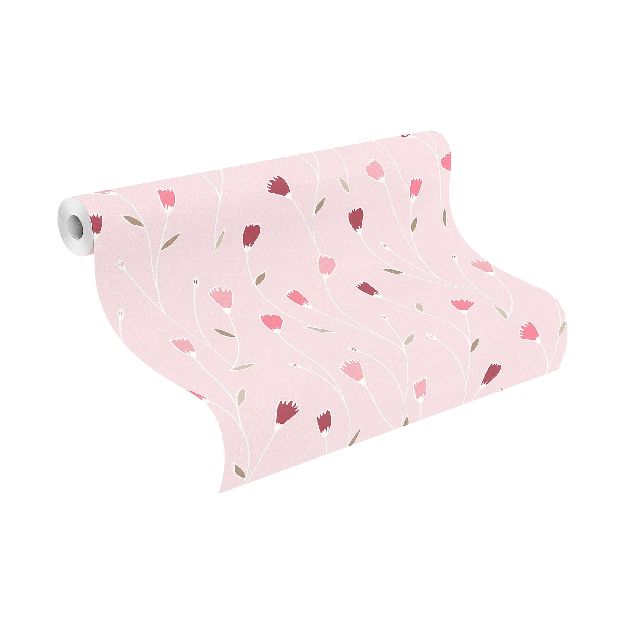 10-203165 Rolle abgerollt 1 Unrolled wallpaper roll with Wallpaper with delicate flowers in pink and berry tones on a pastel pink background