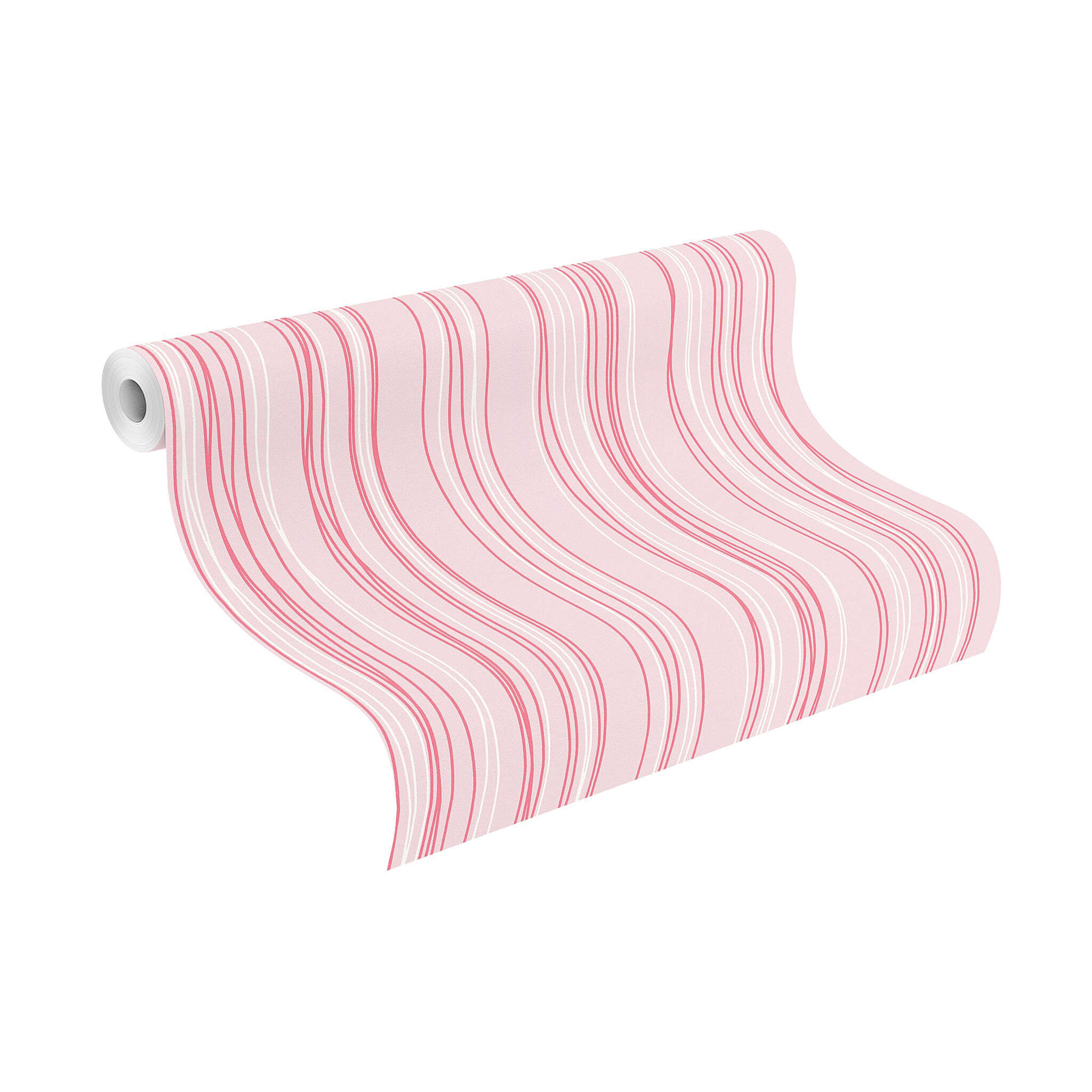 10-203240 Rolle abgerollt 1 Unrolled wallpaper roll with Wallpaper with irregular pink and white lines on a light background