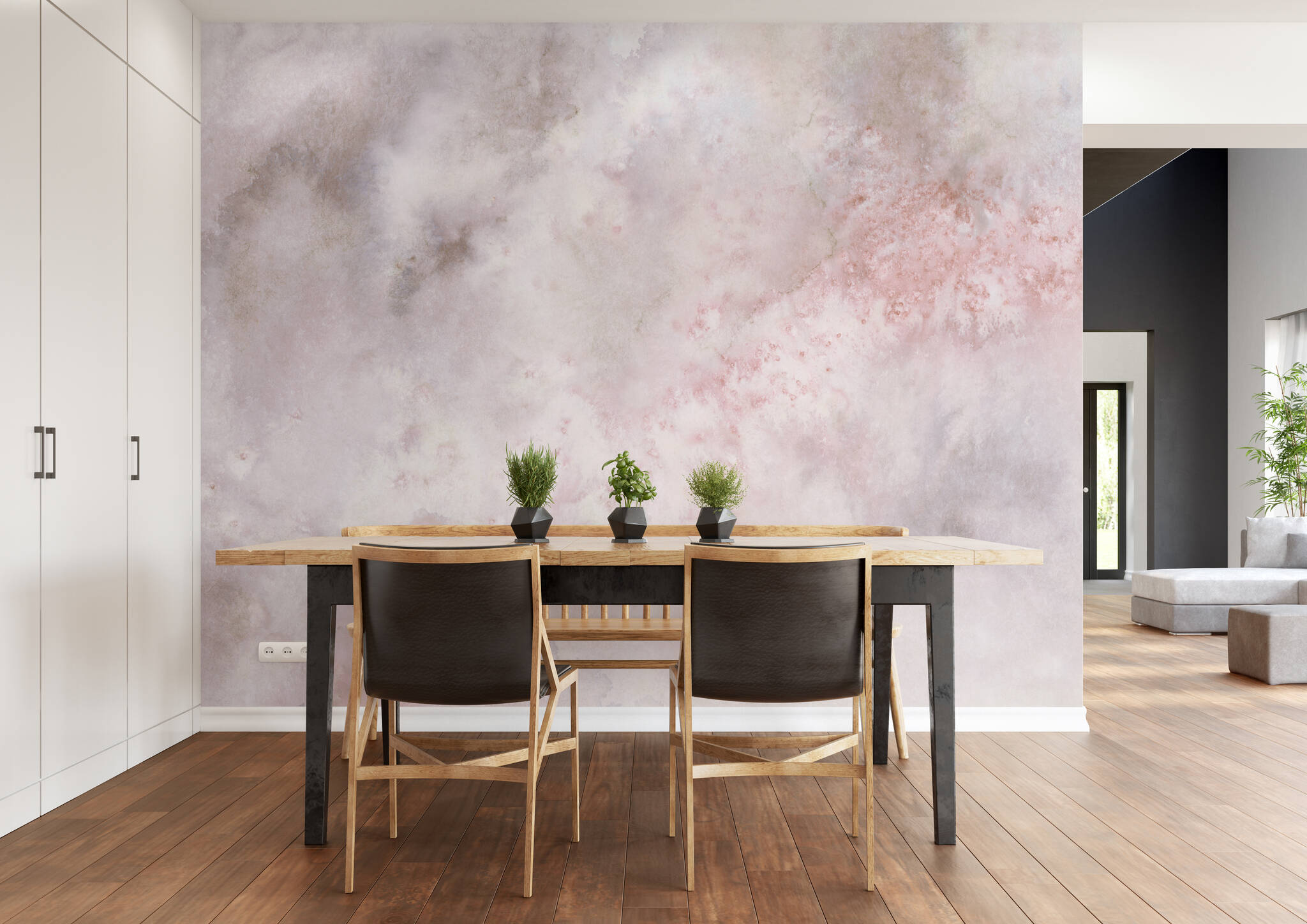 Esszimmer mit Wandbild - Wolkiges Aquarell in grau, rosé und weiß mit spannenden Farbverläufen 