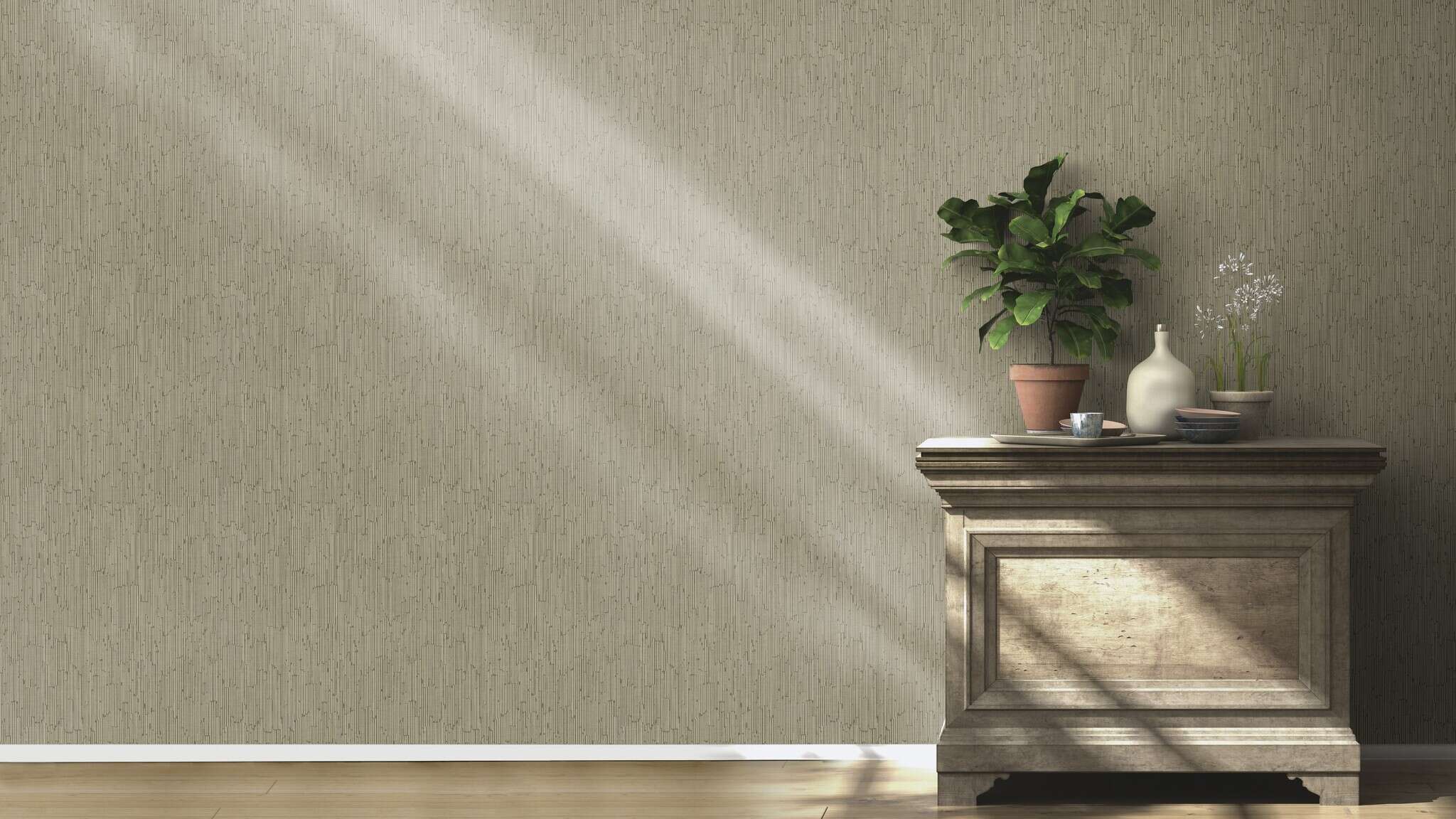 10-312645 Raumsituationen 4 Room with Olive green non-woven wallpaper with pronounced vertical lines and a slight depth effect