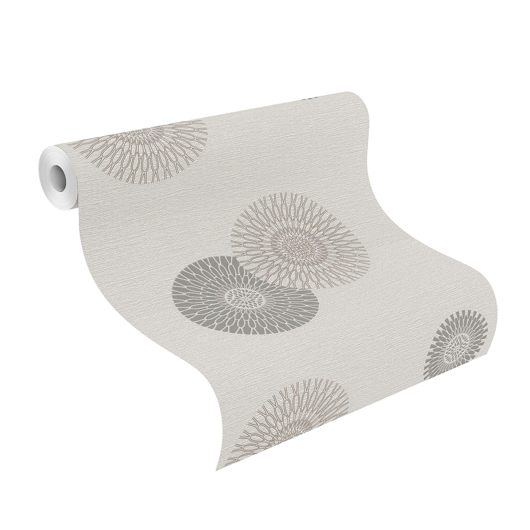 10-808810 Rolle abgerollt 1 Unrolled wallpaper roll with Wallpaper with stylised flowers and textile texture