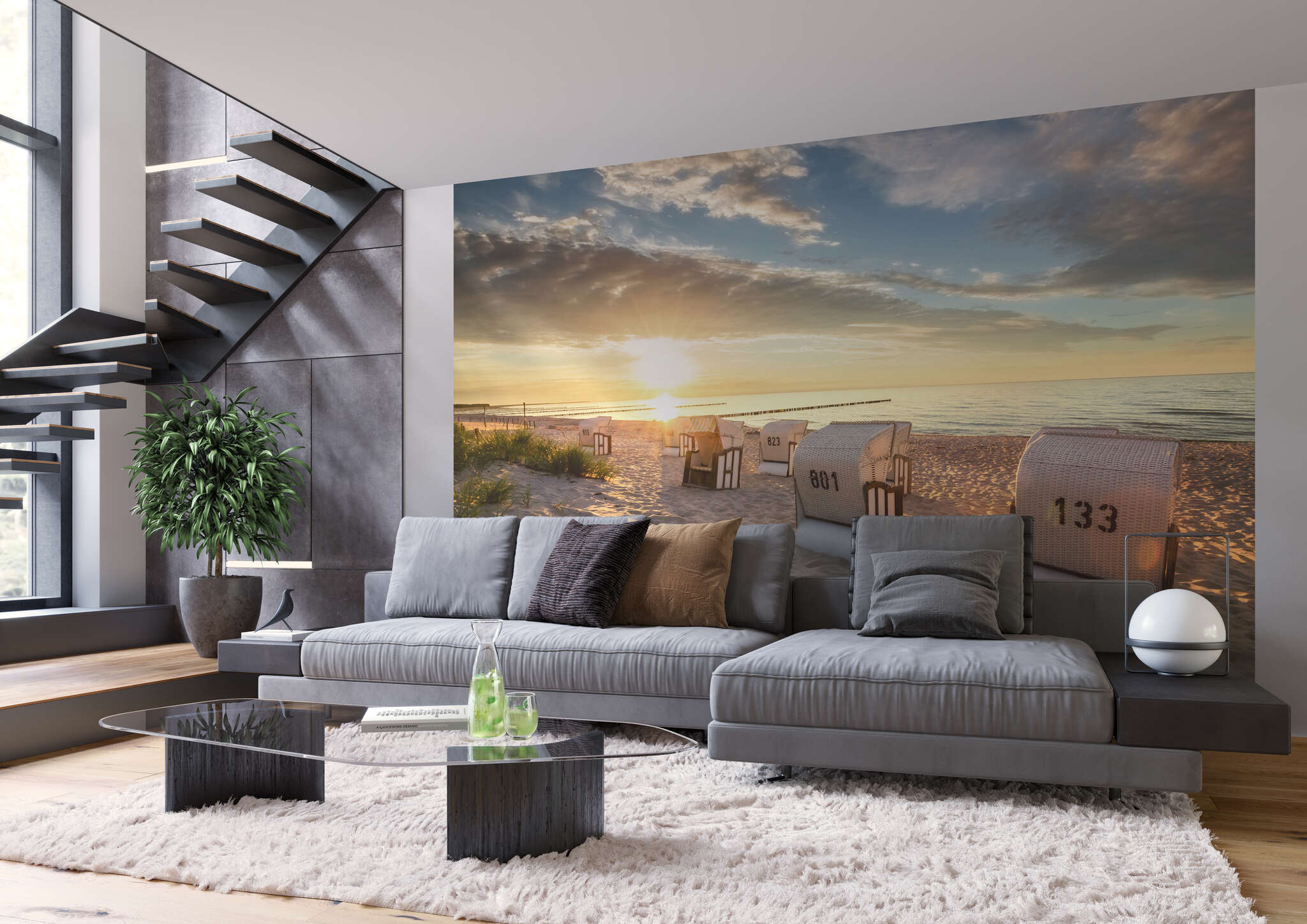 Wohnzimmer mit 363449 - Fototapete - Sonnenuntergang am Strandkorb-Strand magicwalls Papier peint 363449