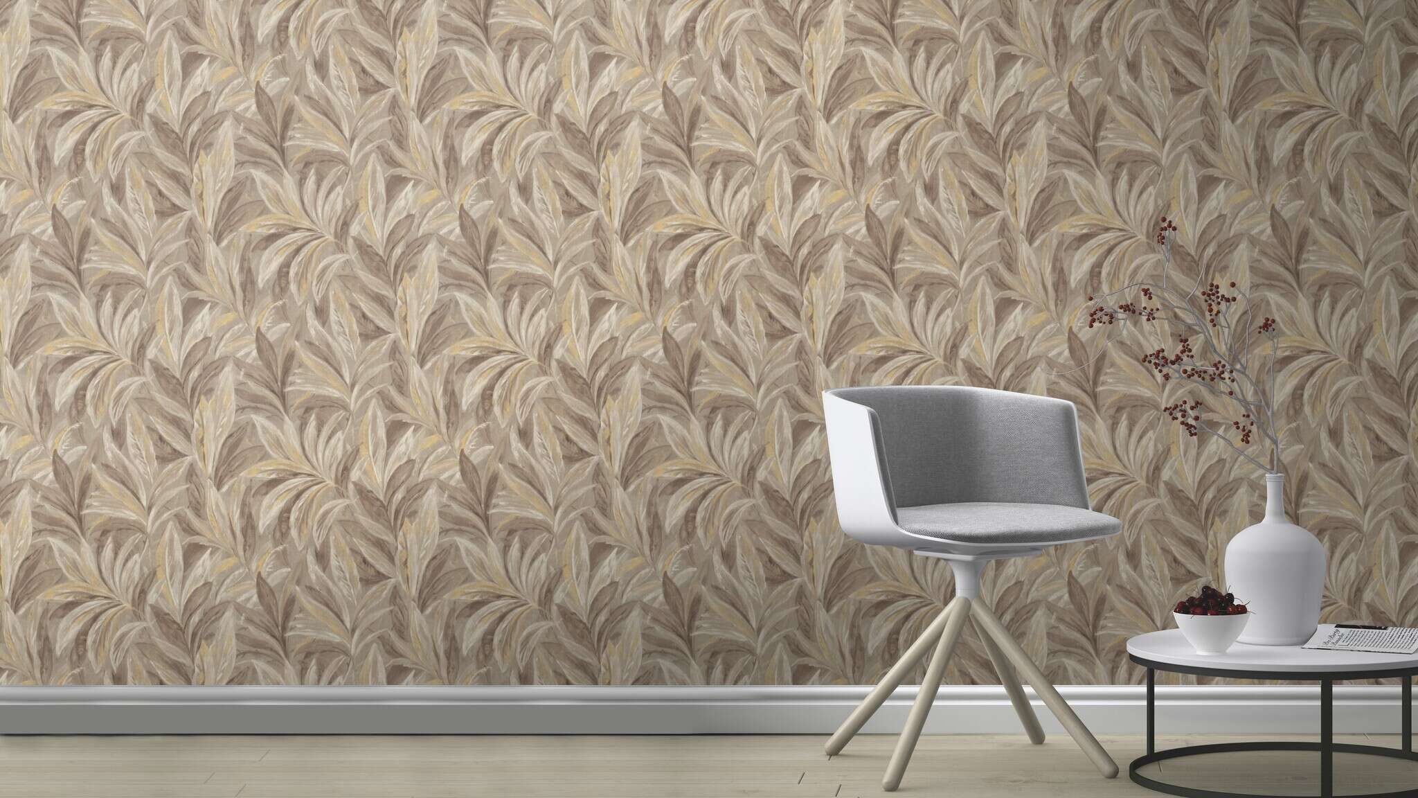 10-547474 Raumbilder 1 Room with Wallpaper with stylised leaves and a fabric look