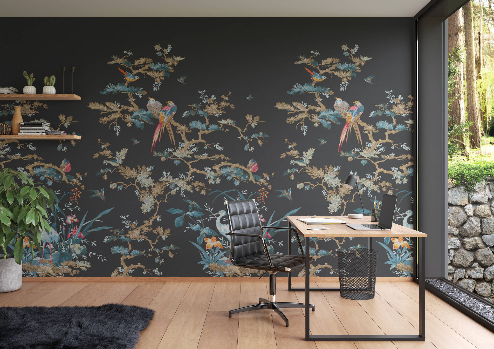 Arbeitszimmer mit Wandbild - Exotische Vogelwelt auf schwarzem Grund mit Storch, Papageigen und Singvögeln