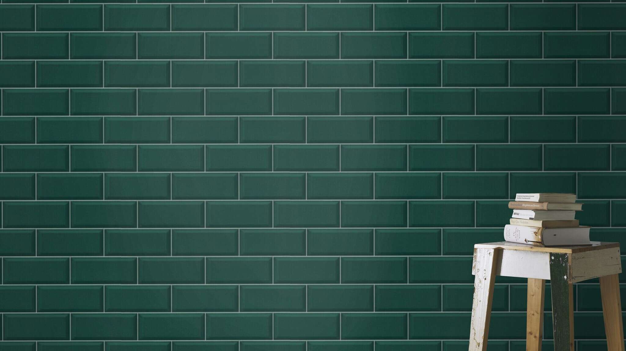 10-429954 Raumsituationen 4 Room with Non-woven wallpaper with a smooth tile look in a subway style in dark green.