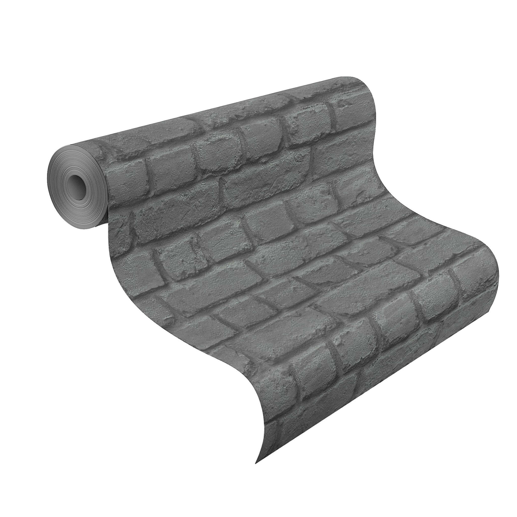 10-226744 Rolle abgerollt 1 Unrolled wallpaper roll with Wallpaper with a dark, anthracite-coloured brick pattern for striking wall accents