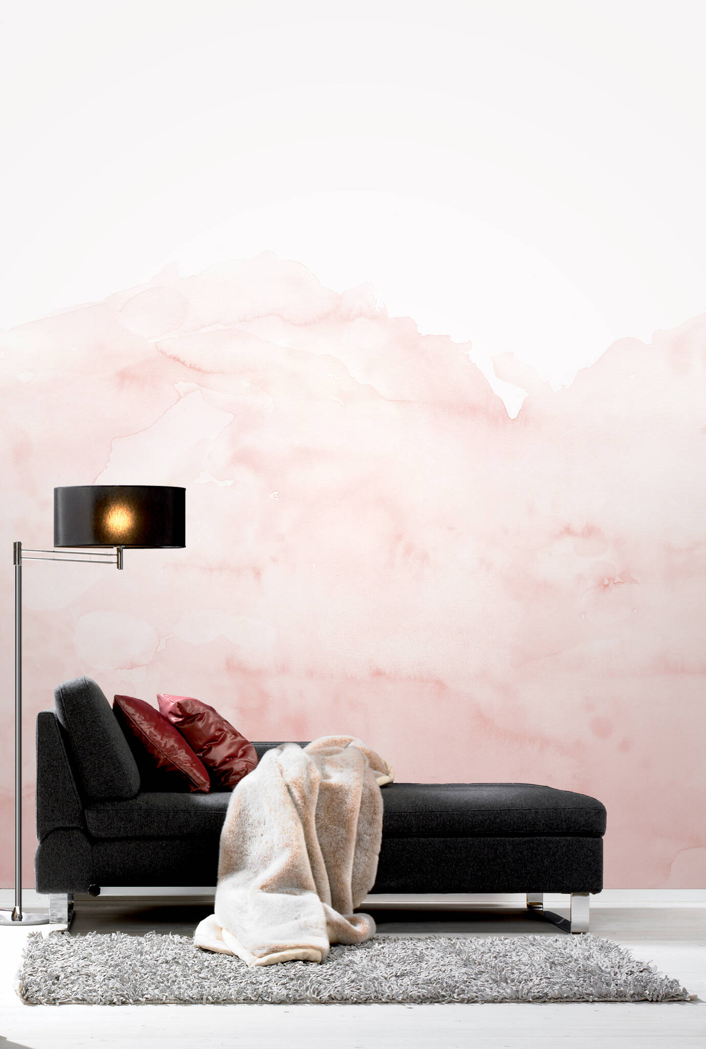 Wohnzimmer mit Wandbild - Aquarellkunst Rosé in pastelligen Farbschwüngen