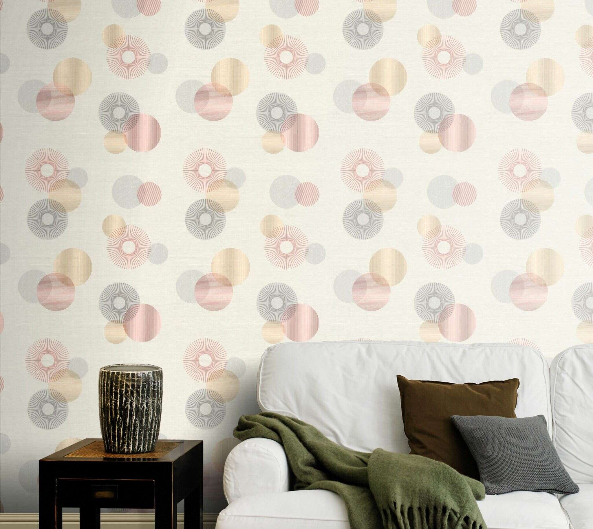 10-311518 Raumsituationen 3 Room with Light wallpaper with a playful circle pattern in rose, apricot and grey on a cream background