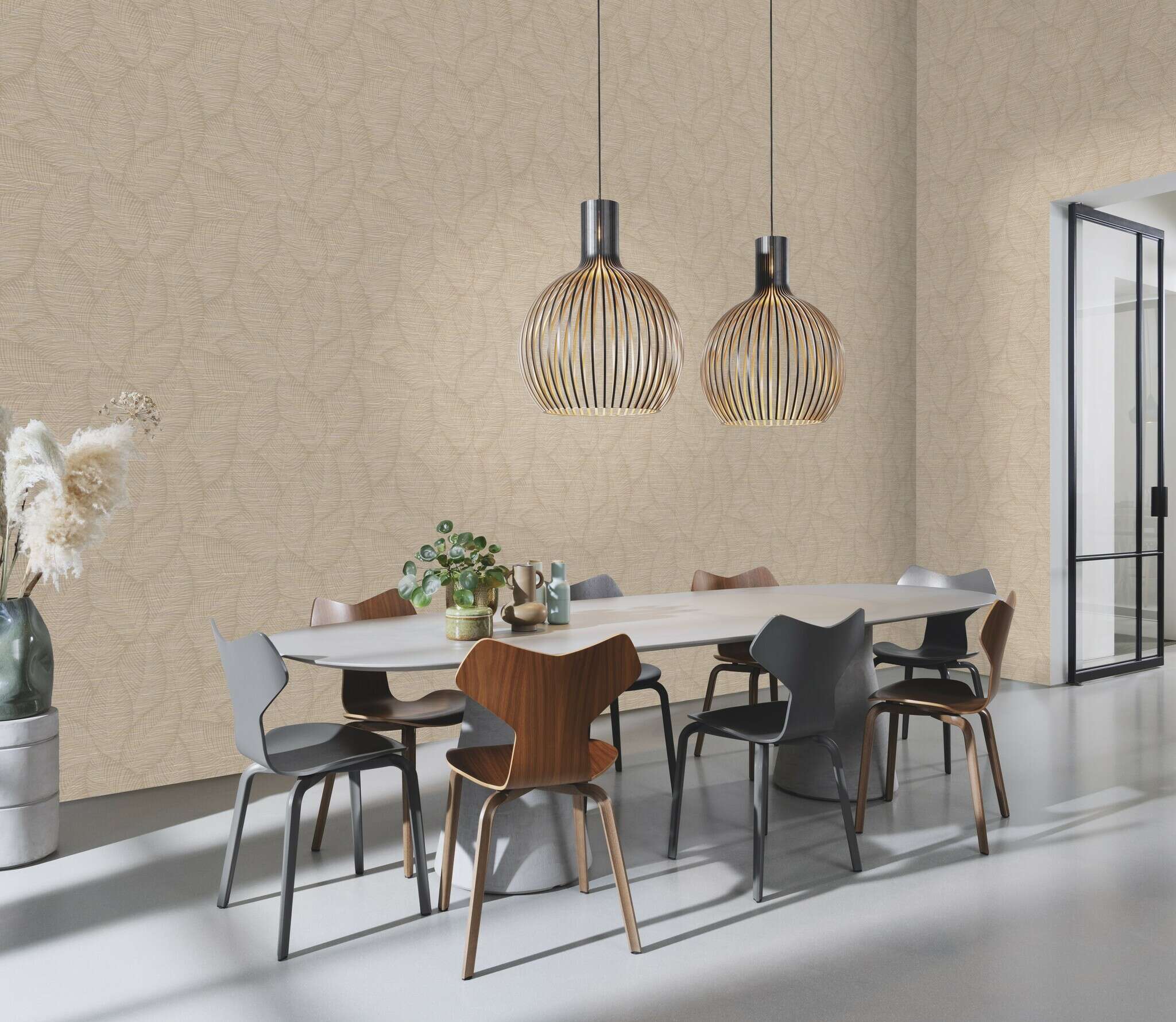 10-866834 Raumsituationen 3 Room with Coarse fabric pattern in beige with foliage in light brown