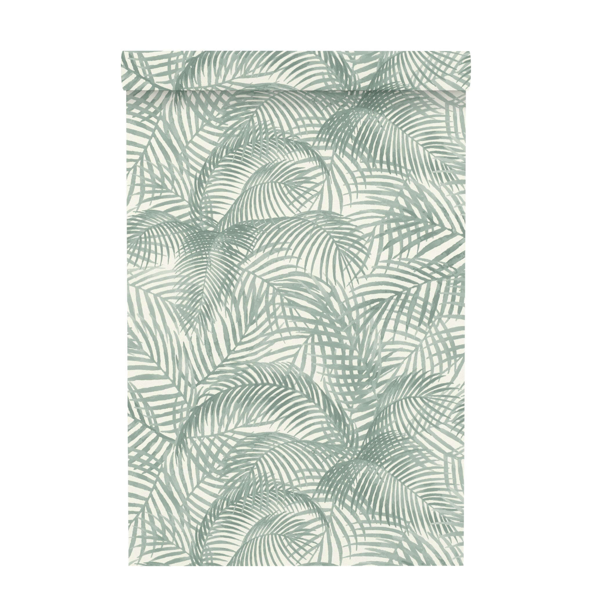 10-693003 Rolle abgerollt 1 Unrolled wallpaper roll with Sage green palm leaves in a watercolour look on a cream white background with a light texture
