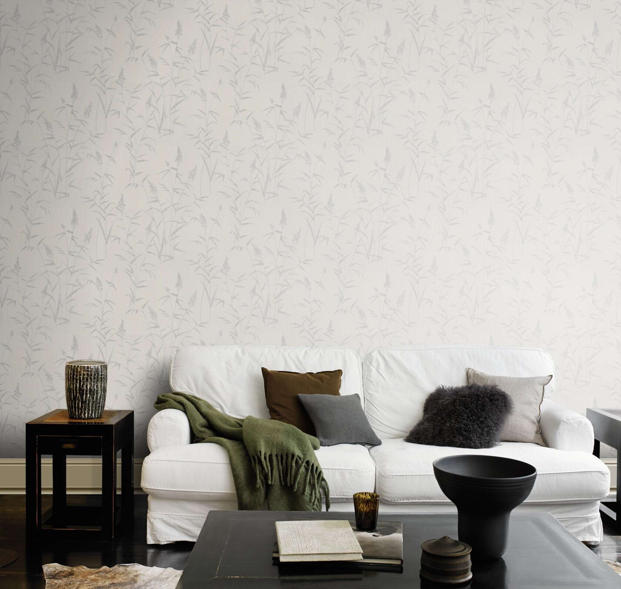 10-312911 Raumsituationen 1 Room with Light grey non-woven wallpaper with a delicate, tone-on-tone grass motif.