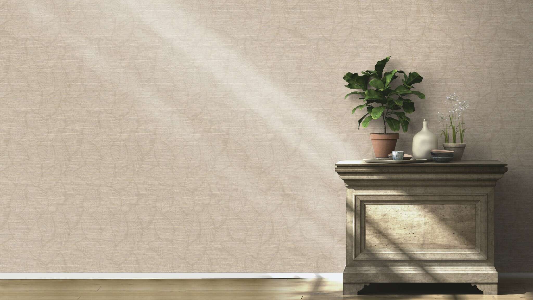 10-866834 Raumsituationen 1 Room with Coarse fabric pattern in beige with foliage in light brown