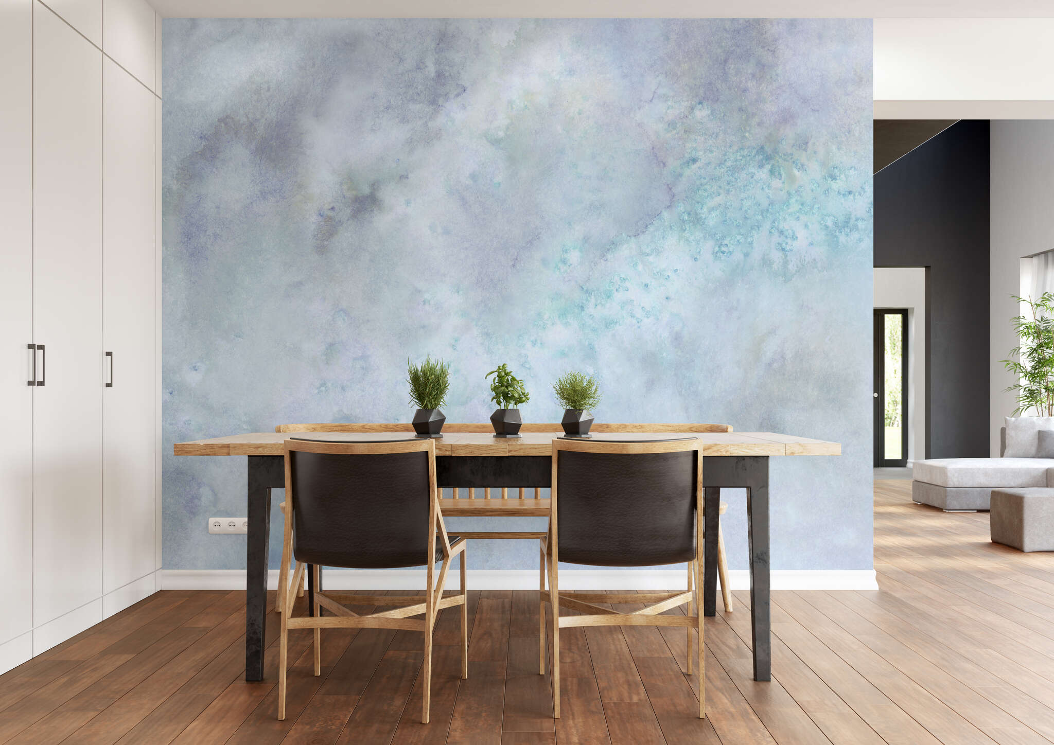 Esszimmer mit 362886 - Wandbild - Wolkiges Aquarell in weiß, blau und grau magicwalls photo wallpaper 362886