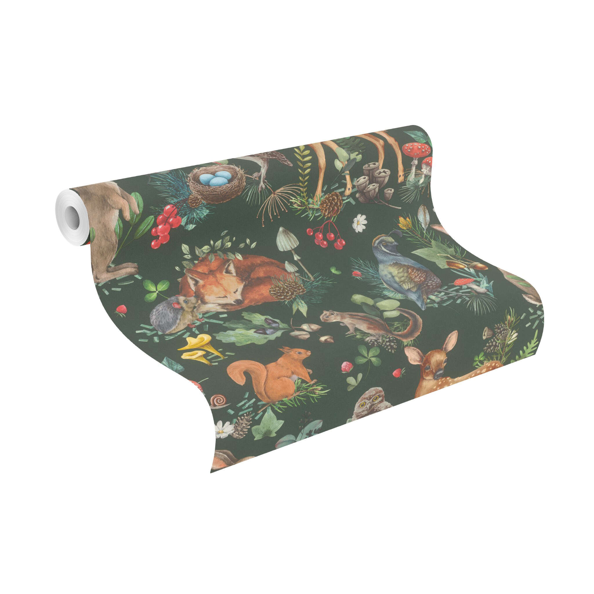 10-300338 Rolle abgerollt 1 Unrolled wallpaper roll with Dark wallpaper with detailed forest creatures in bold colours – ideal for accent walls in children's rooms