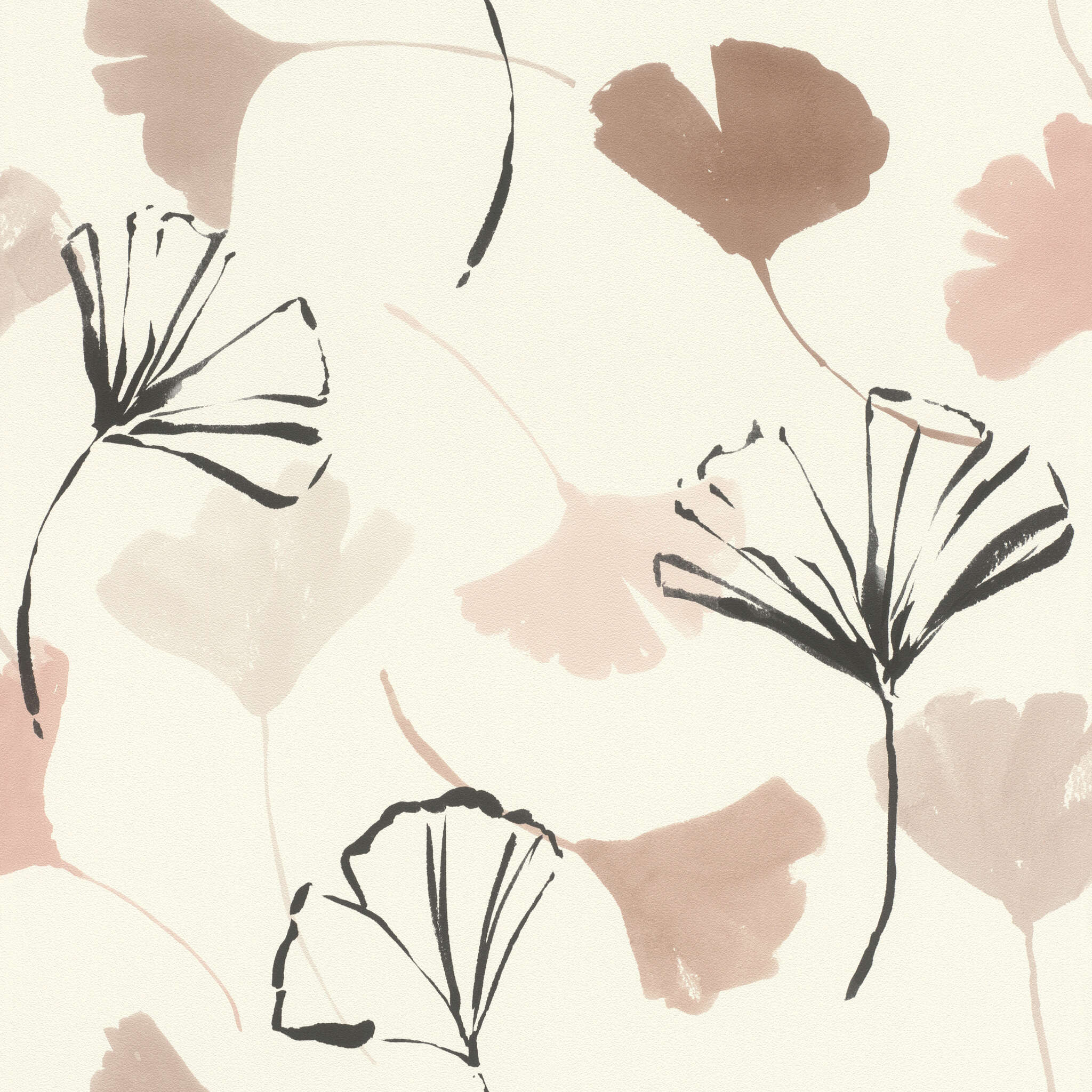 10-690118 Artikelscan 1 Angedeutete Gingkoblätter in Schwarz, Rola und Taupe auf cremeweißen Hintergrund