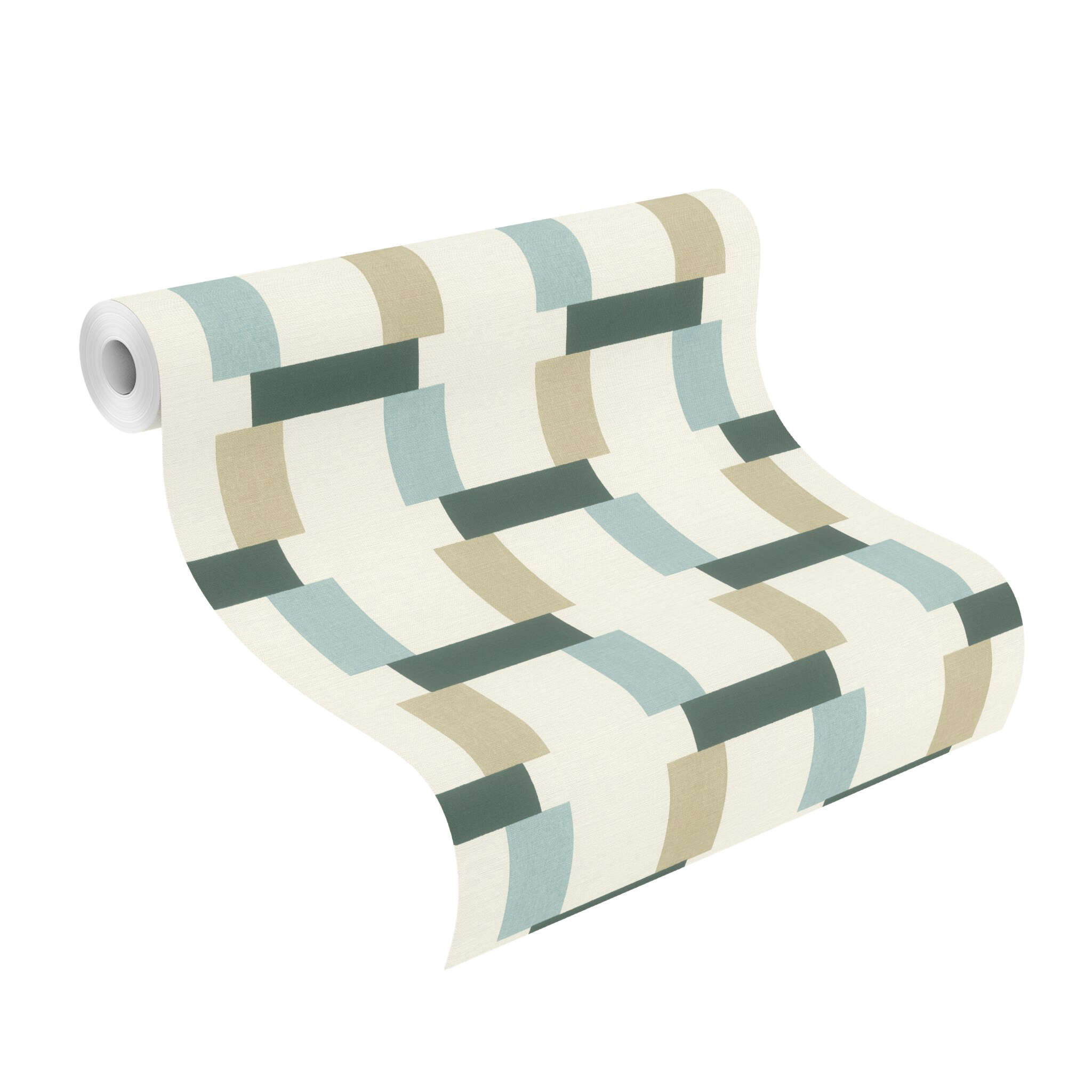 10-868821 Rolle abgerollt 1 Unrolled wallpaper roll with Geometric wallpaper with rectangles and a textile texture