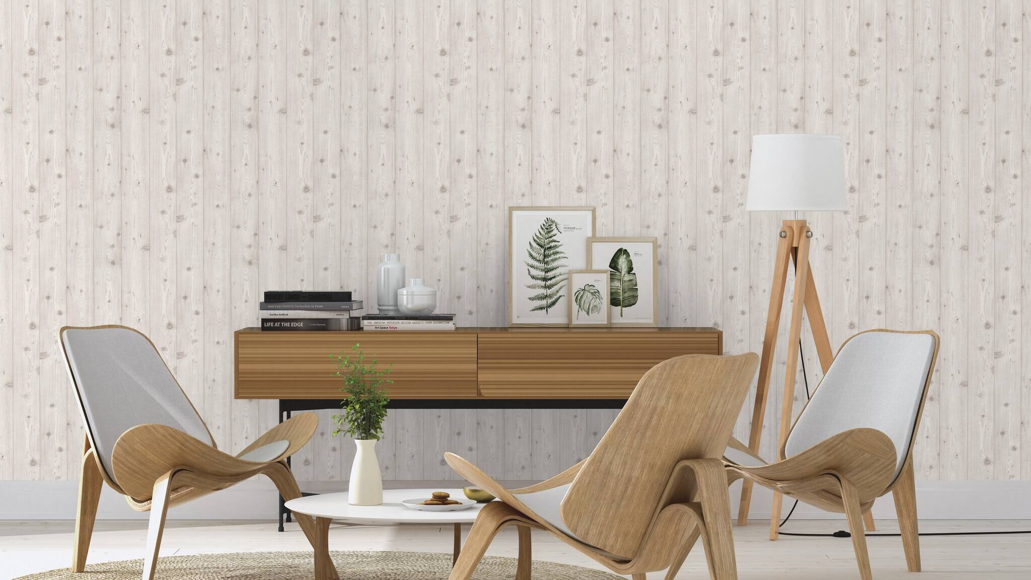10-285208 Raumsituationen 6 Room with Scandinavian-style wallpaper with vertical wood texture in white and grey