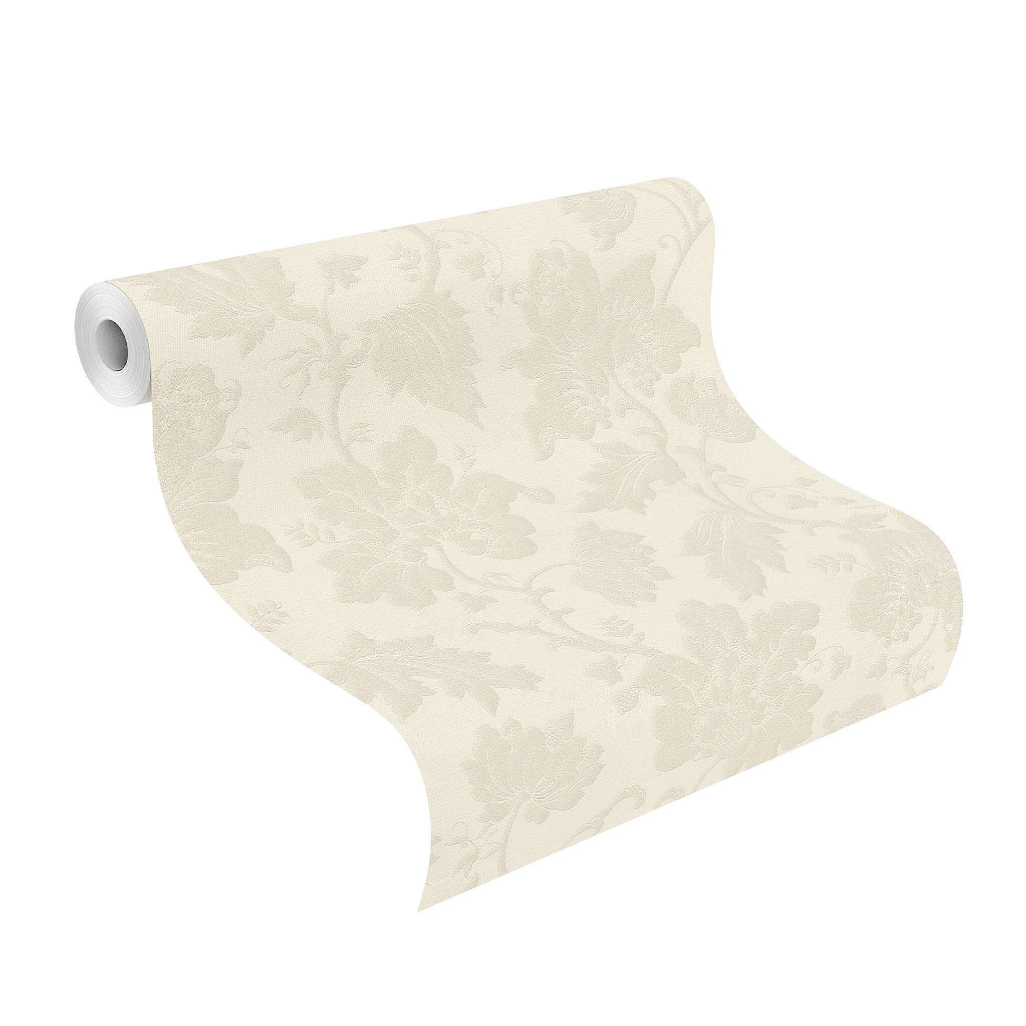 10-570434 Rolle abgerollt 1 Unrolled wallpaper roll with Flowers and leaves on a fine fabric background in silver grey tones