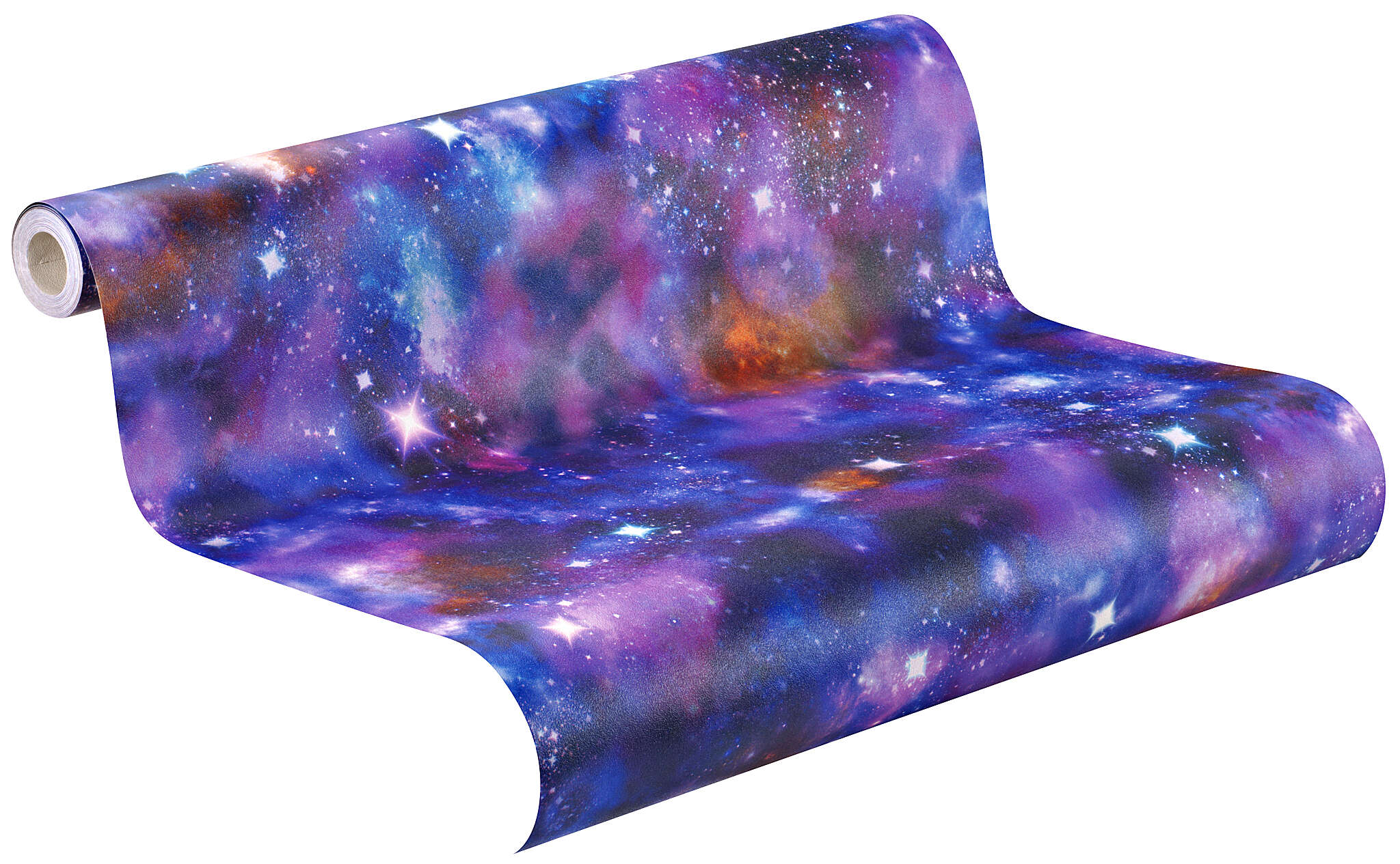 10-273205 Rolle abgerollt 1 Unrolled wallpaper roll with Wallpaper with a galactic motif in bold colours with stars and nebulae