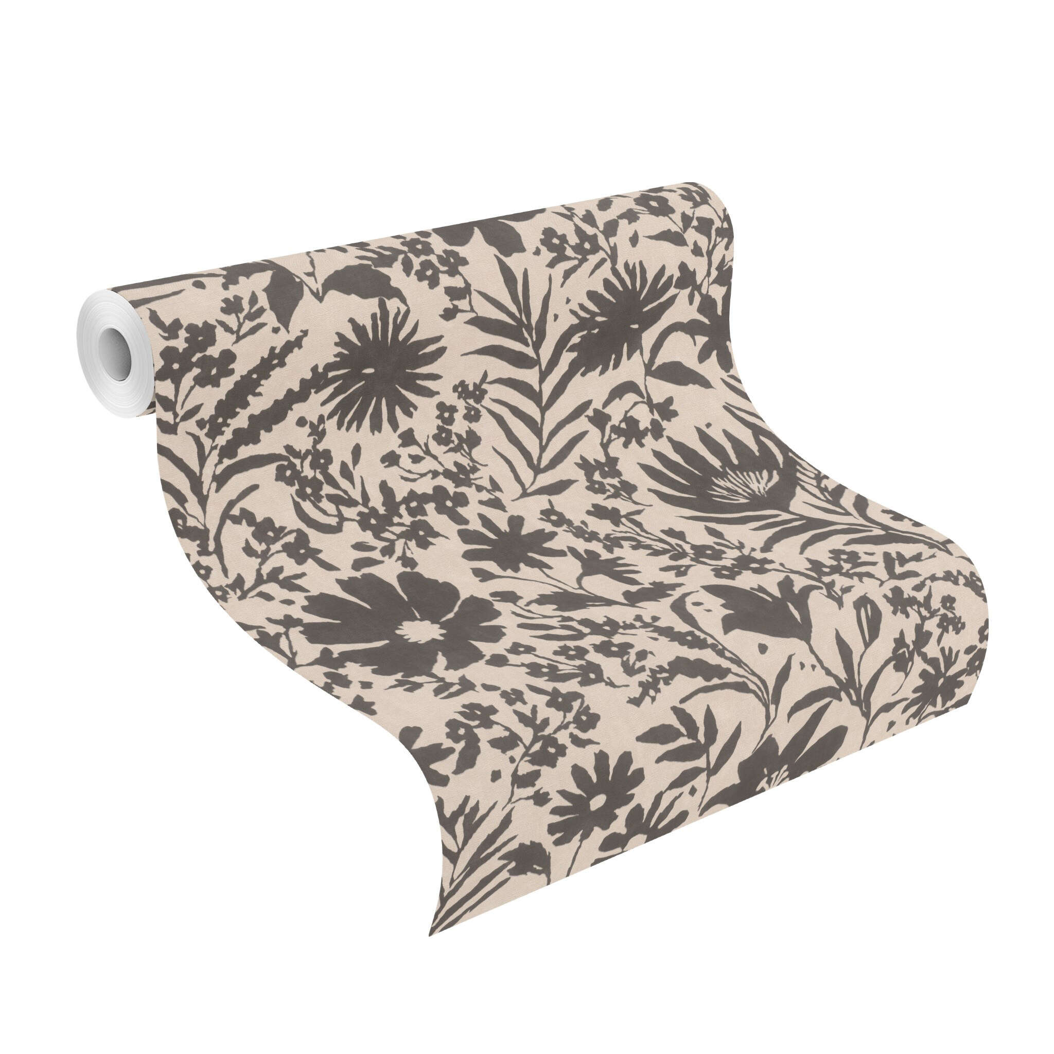 10-330434 Rolle abgerollt 1 Unrolled wallpaper roll with Floral non-woven wallpaper with black print on a beige background – graphic, contrasting and modern.