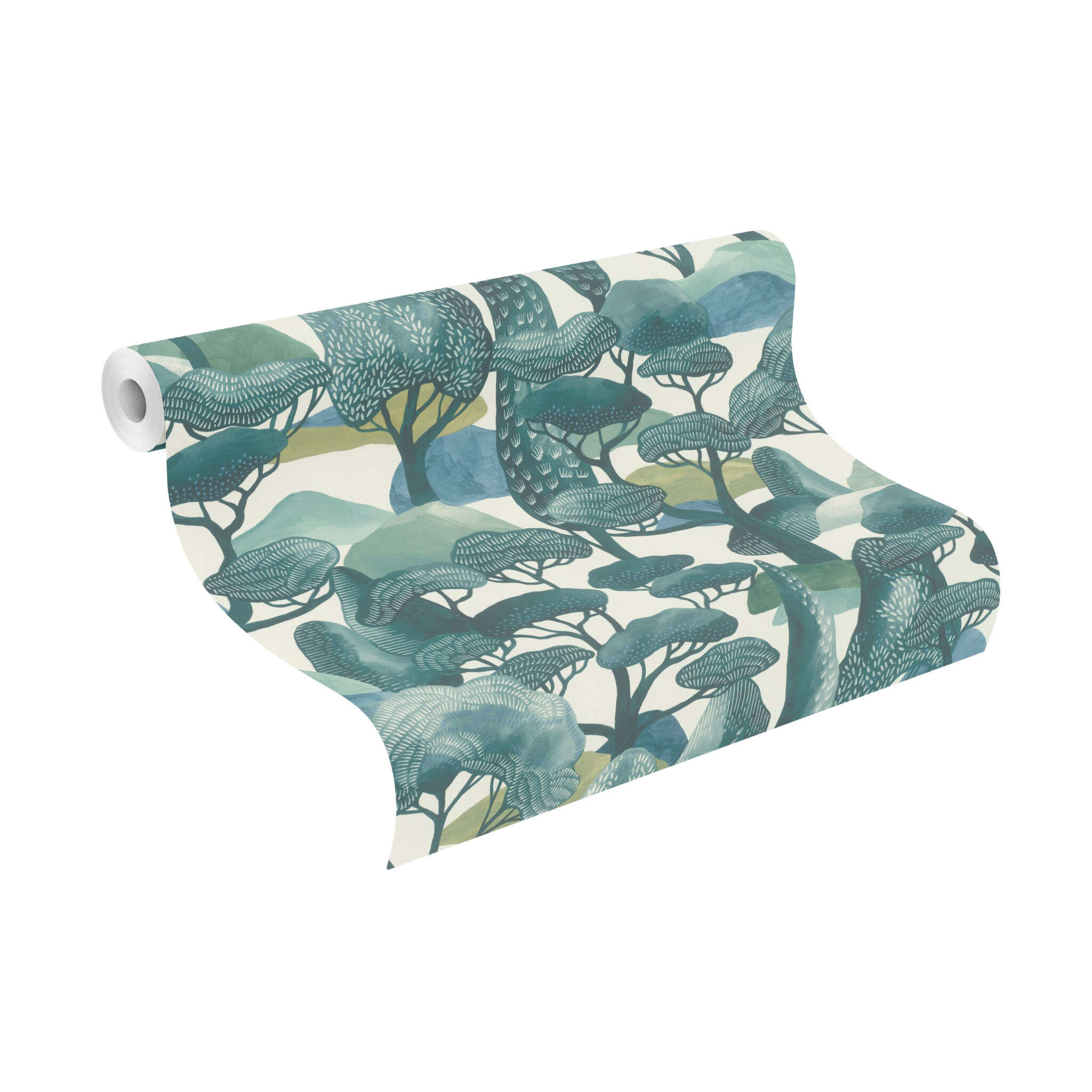 10-581218 Rolle abgerollt 1 Unrolled wallpaper roll with Wallpaper with stylised tree landscape and light texture
