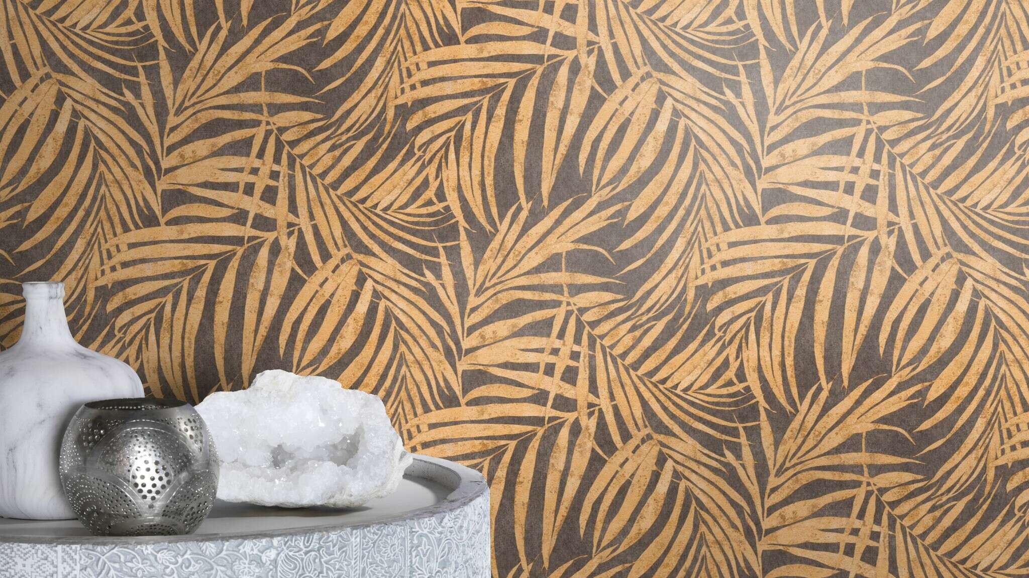 10-617450 Raumsituationen 2 Palm leaves non-woven wallpaper in black slate Selection 617450