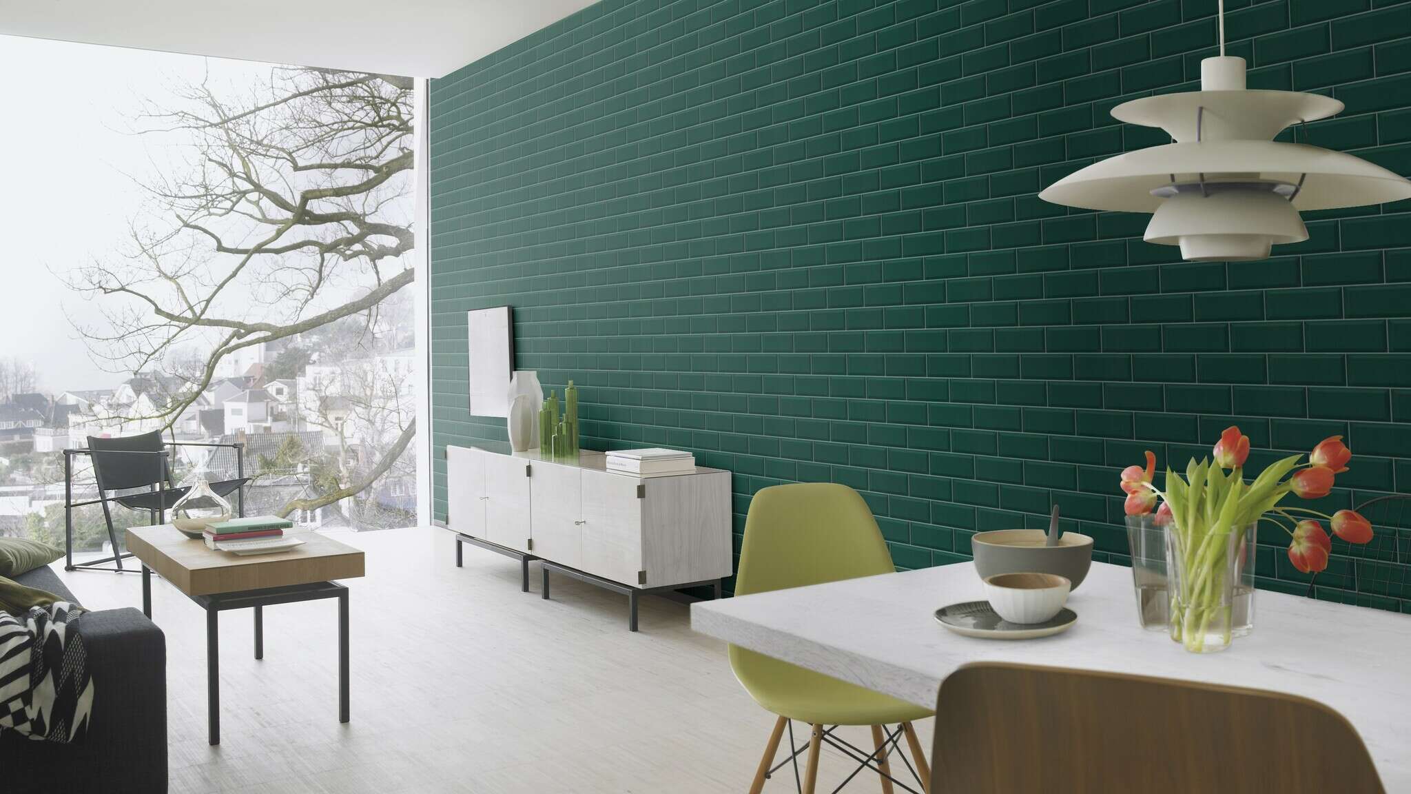 10-429954 Raumsituationen 3 Room with Non-woven wallpaper with a smooth tile look in a subway style in dark green.