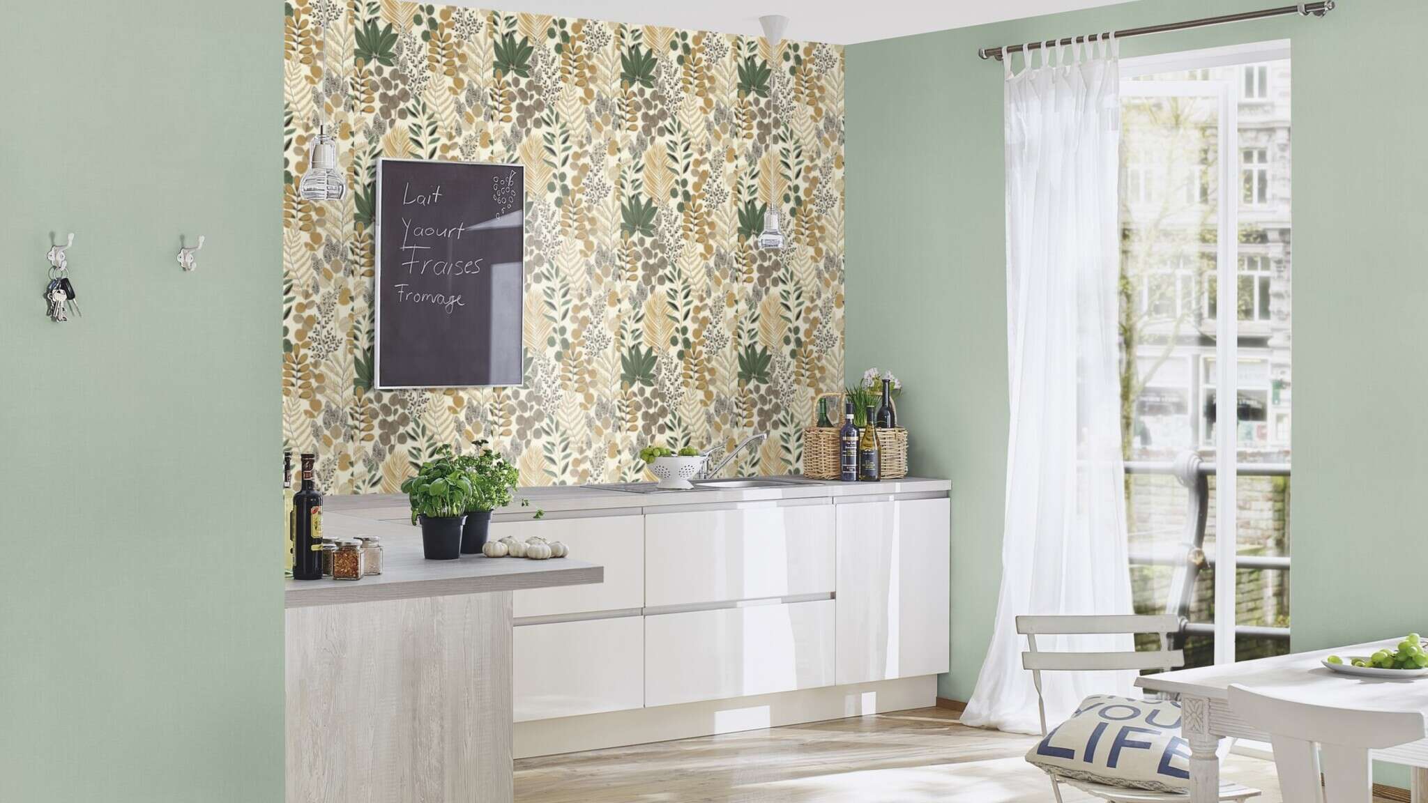 10-465334 Raumsituationen 3 Room with Detailed leaf graphic in ochre, green, beige and black on a light background – stylised nature for modern living spaces.
