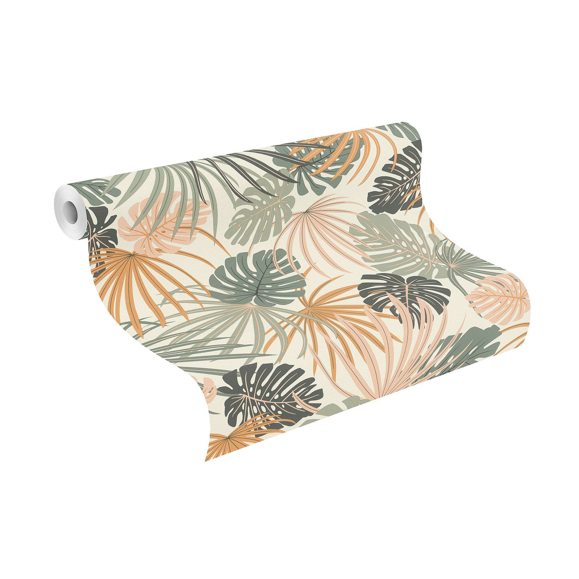 10-461060 Rolle abgerollt 1 Rouleau de déroulé avec Motif expressif de feuilles de monstera et de palmier dans des tons verts, beiges et terracotta