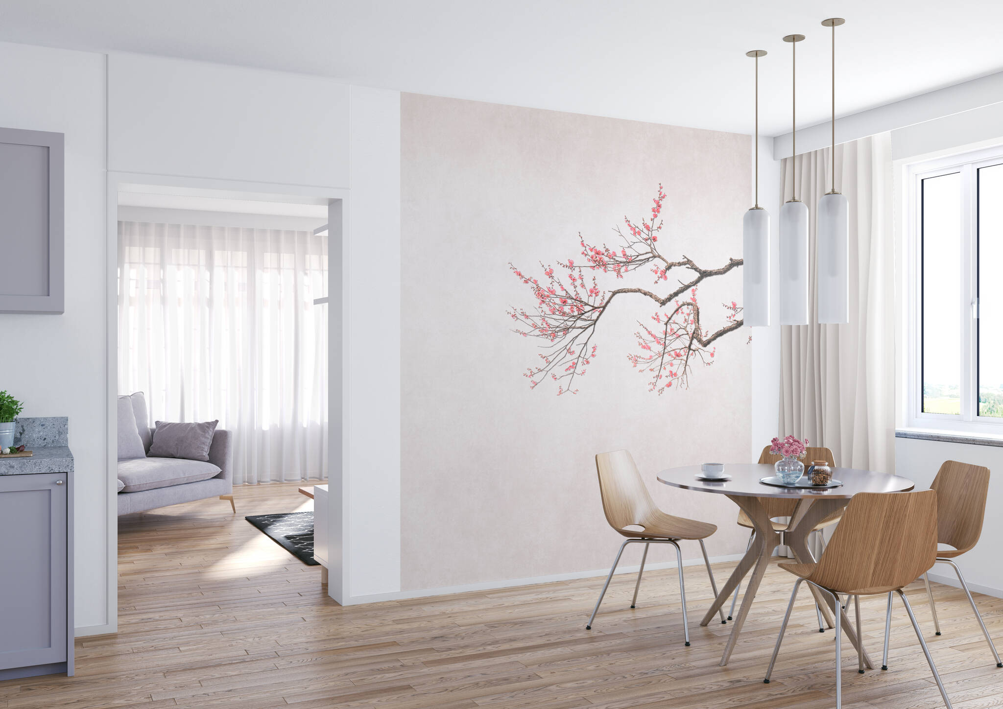 Esszimmer mit Wandbild - Kirschblüten-Zweig auf beige-braunem Hintergrund mit Rosa Blüten