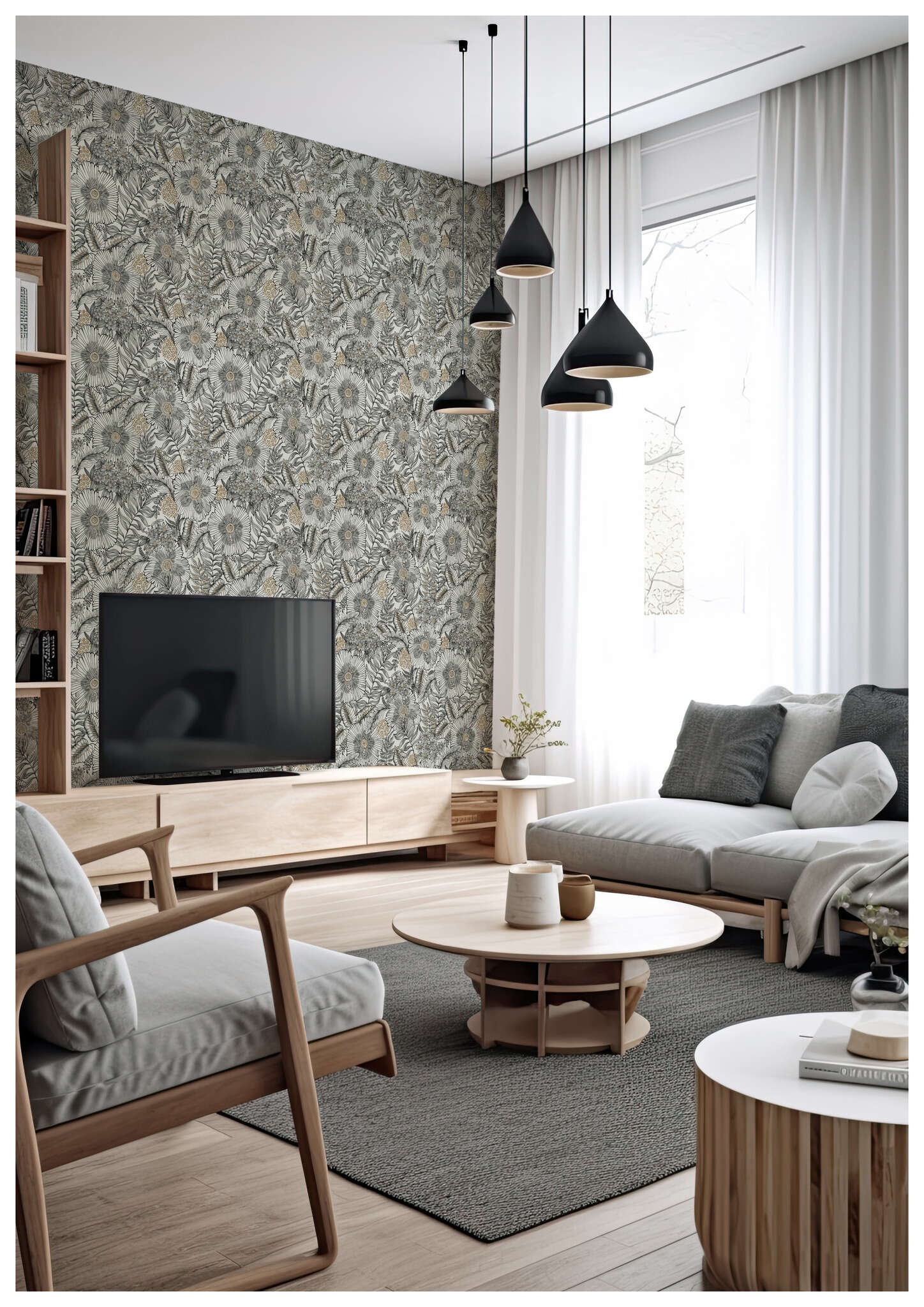 10-686555 Raumsituationen 2 Une chambre avec Papier peint avec des feuilles et des fleurs et une texture légère